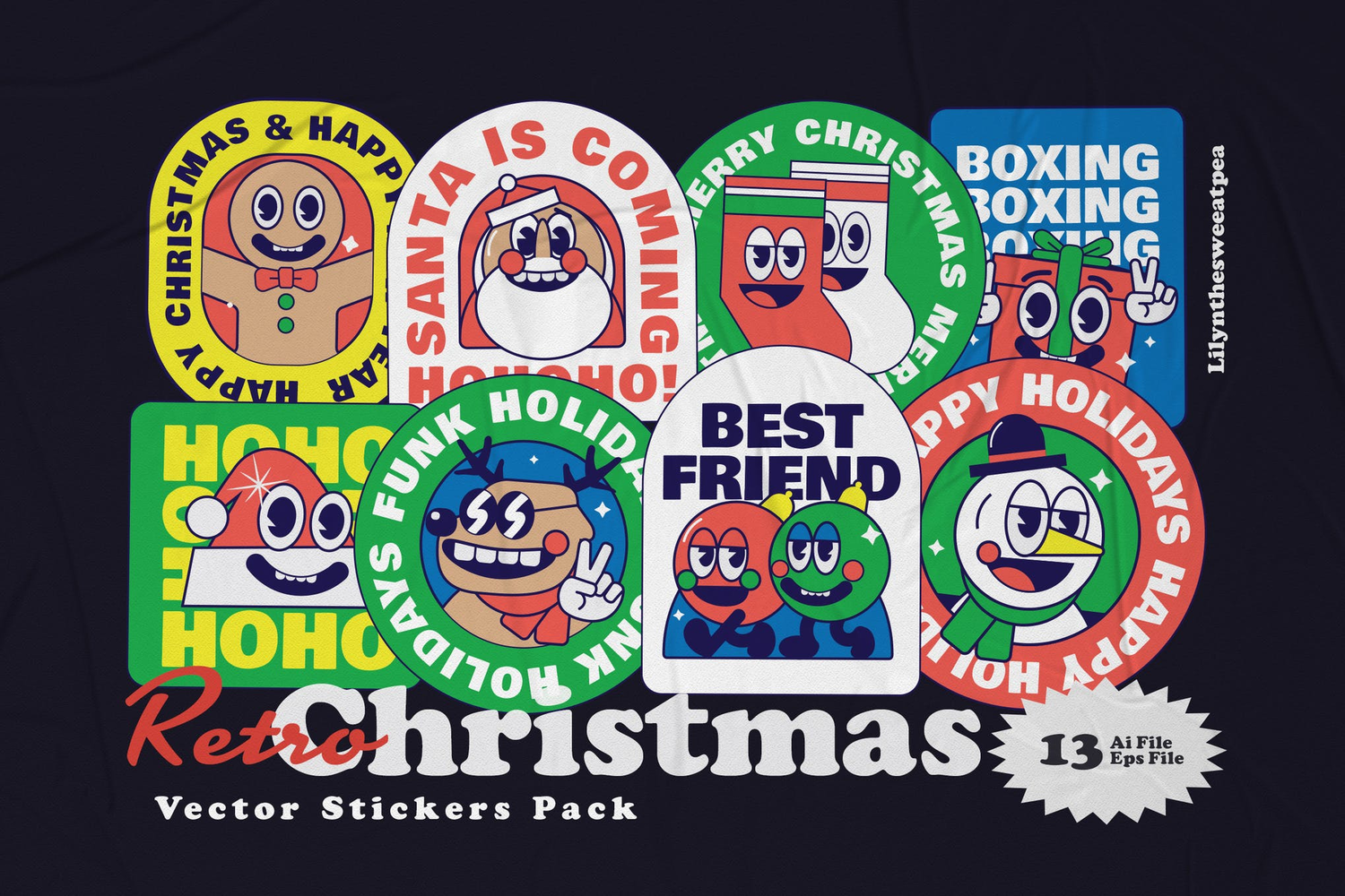 1620 圣诞卡通贴纸插图AI矢量素材 Christmas Sticker Illustration Pack