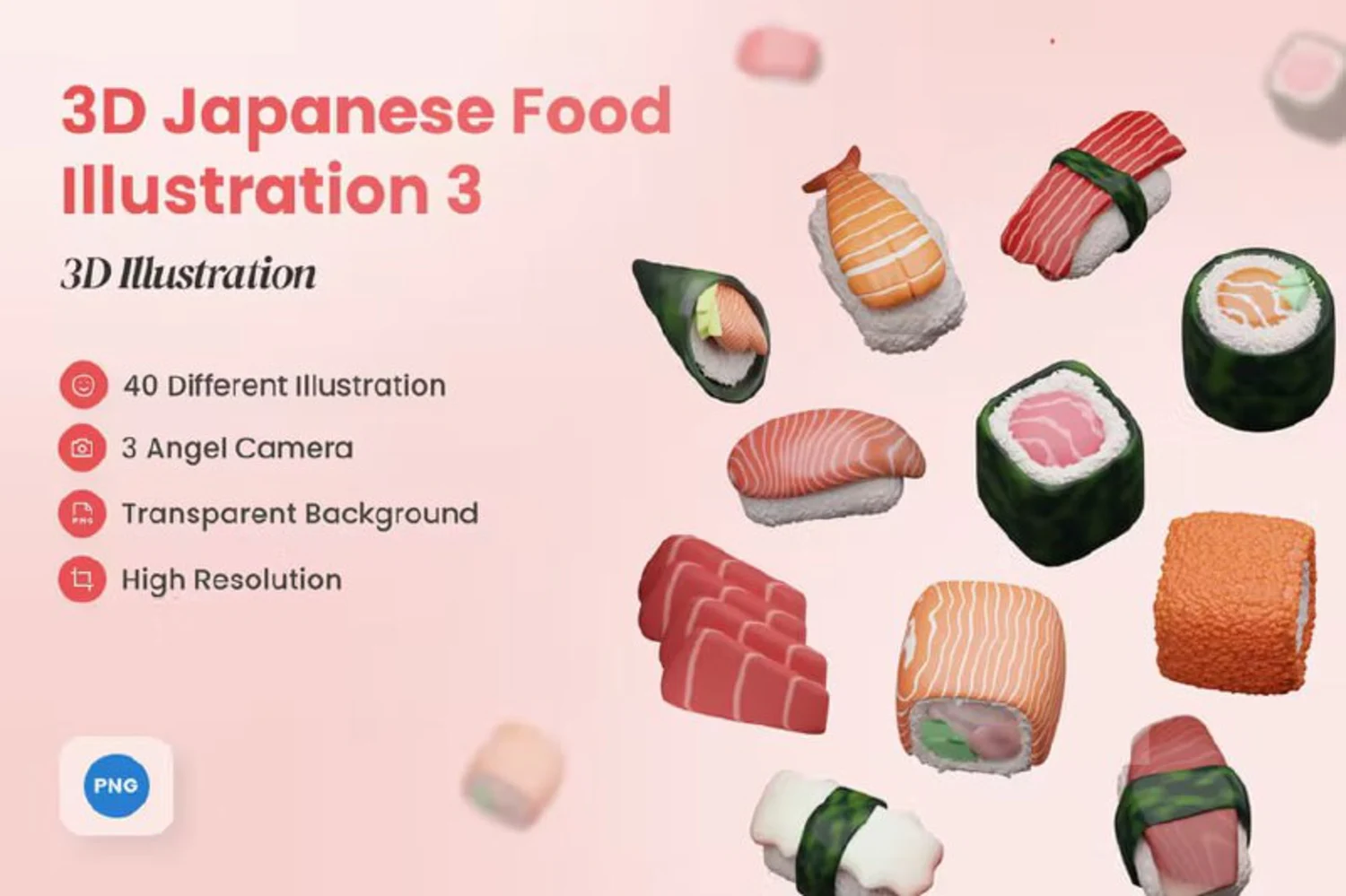 1623 寿司饭团日本食品3D图标PNG免抠素材 3D Japanese Food Illustration