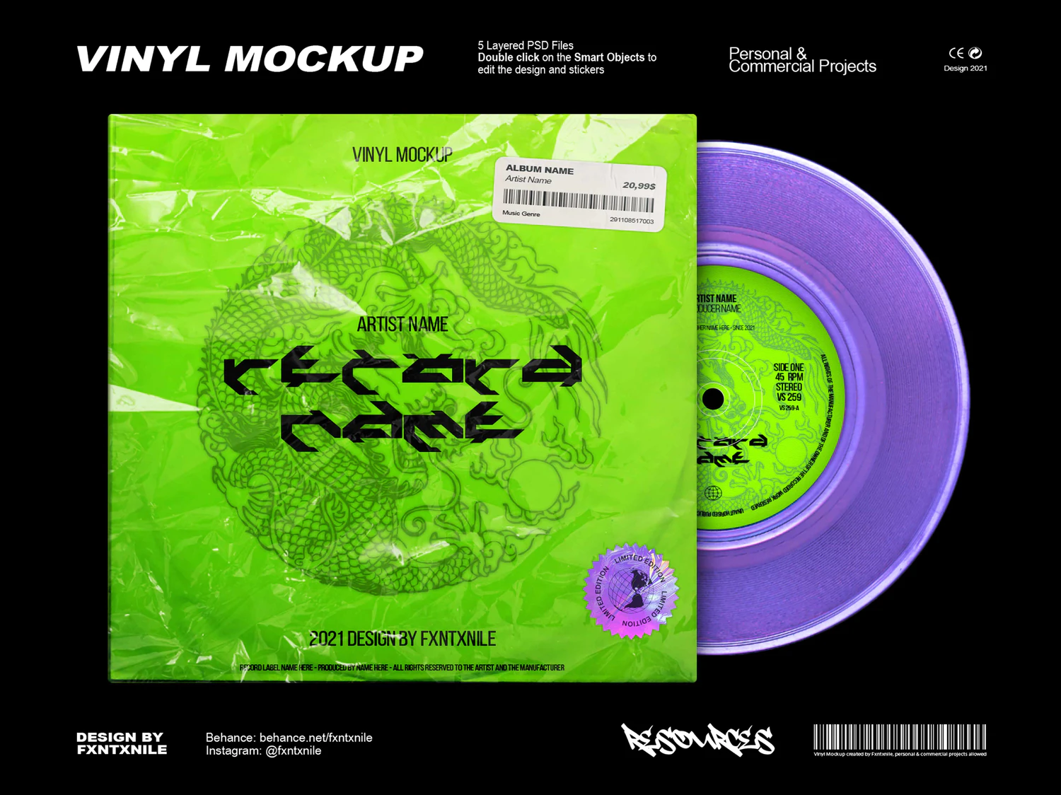 1636 嘻哈酸性摇滚音乐CD黑胶唱片专辑包装袋封面视觉设计PSD样机素材 Vinyl Mockup