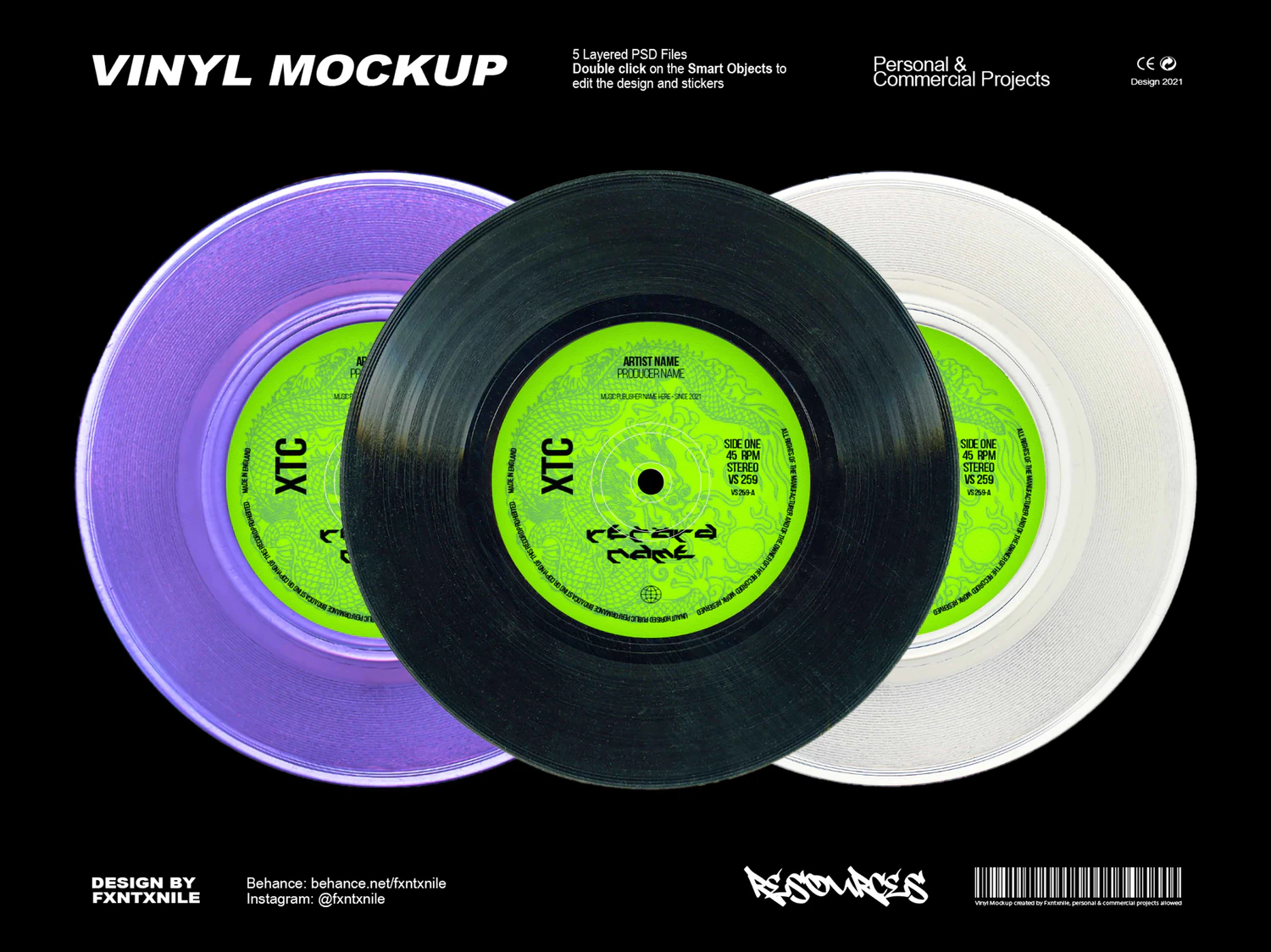 1636 嘻哈酸性摇滚音乐CD黑胶唱片专辑包装袋封面视觉设计PSD样机素材 Vinyl Mockup