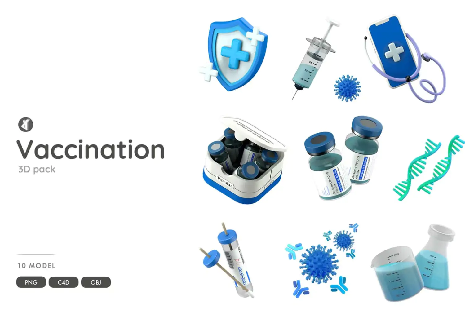 1743 医疗医药相关3D模型C4D图标 Vaccination 3D object pack