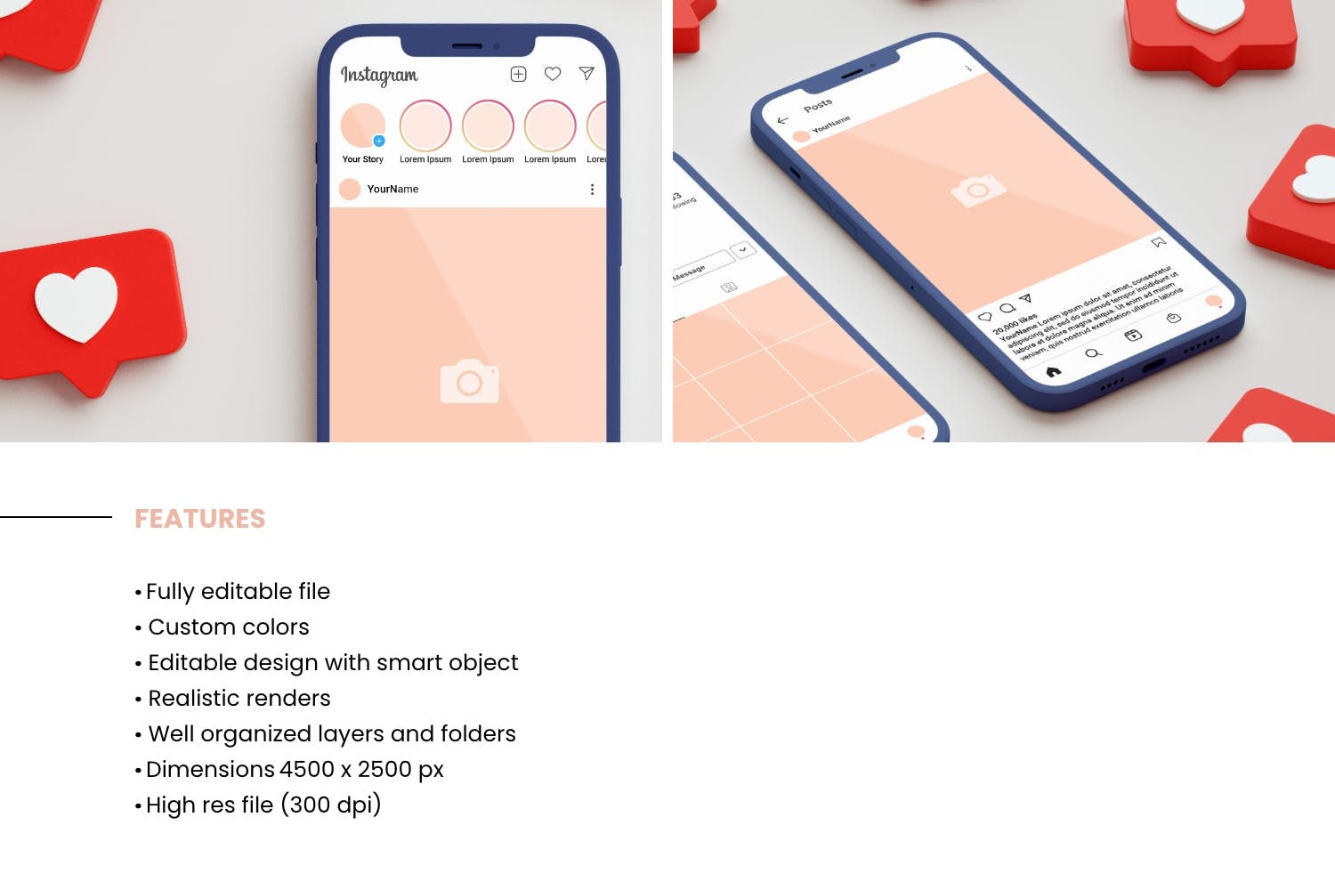 1790 3d图标场景的app ui界面设计手机屏幕展示PS样机 Instagram Interface Mockup