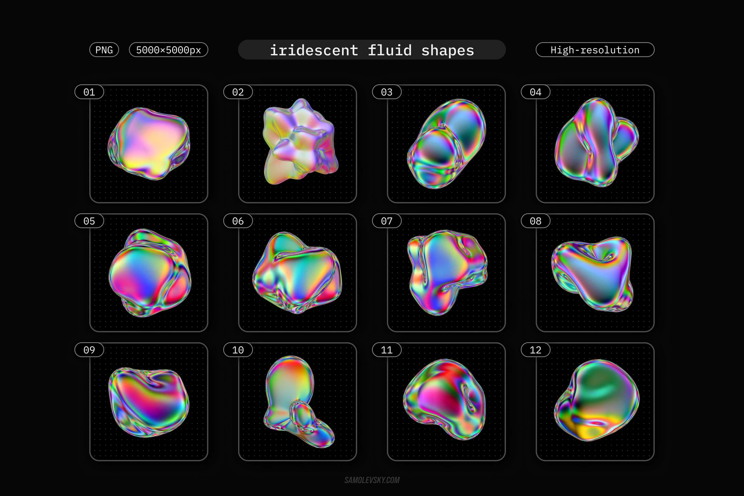 1800 72款3D虹彩抽象流体全息镭射有机形状PNG免抠设计素材 Iridescent fluid 3D shapes pack