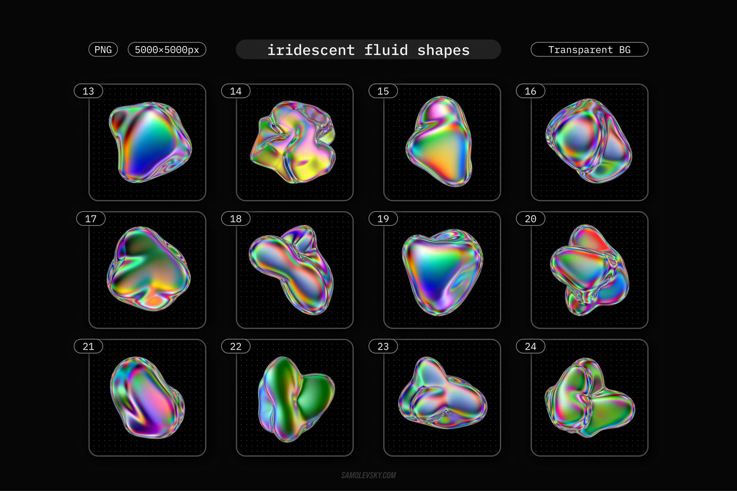 1800 72款3D虹彩抽象流体全息镭射有机形状PNG免抠设计素材 Iridescent fluid 3D shapes pack