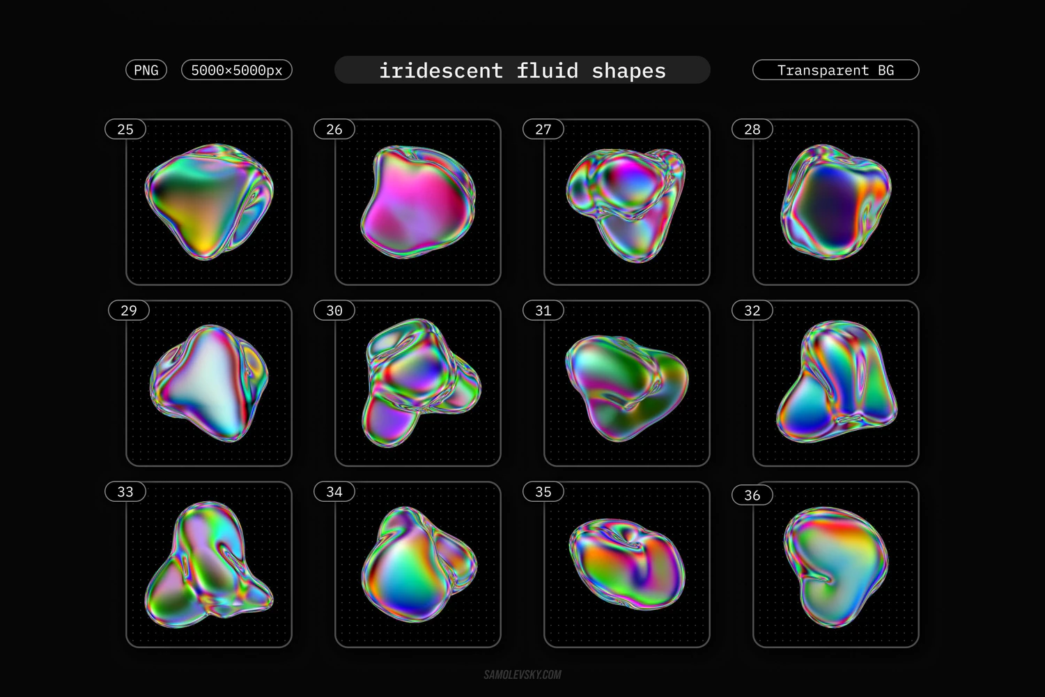 1800 72款3D虹彩抽象流体全息镭射有机形状PNG免抠设计素材 Iridescent fluid 3D shapes pack