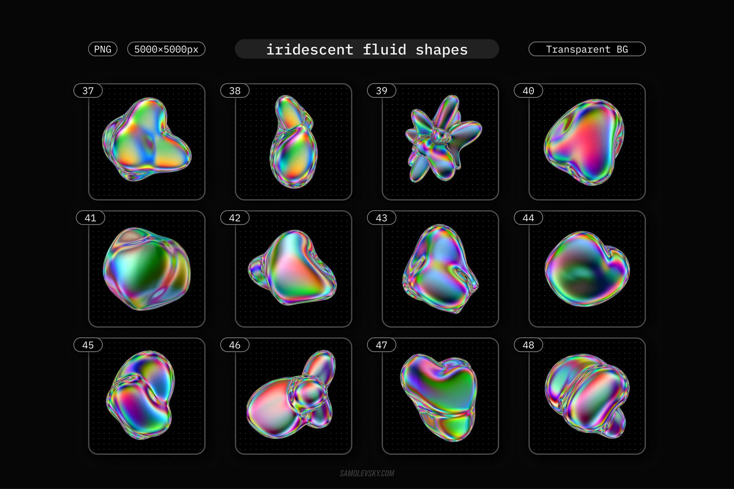 1800 72款3D虹彩抽象流体全息镭射有机形状PNG免抠设计素材 Iridescent fluid 3D shapes pack