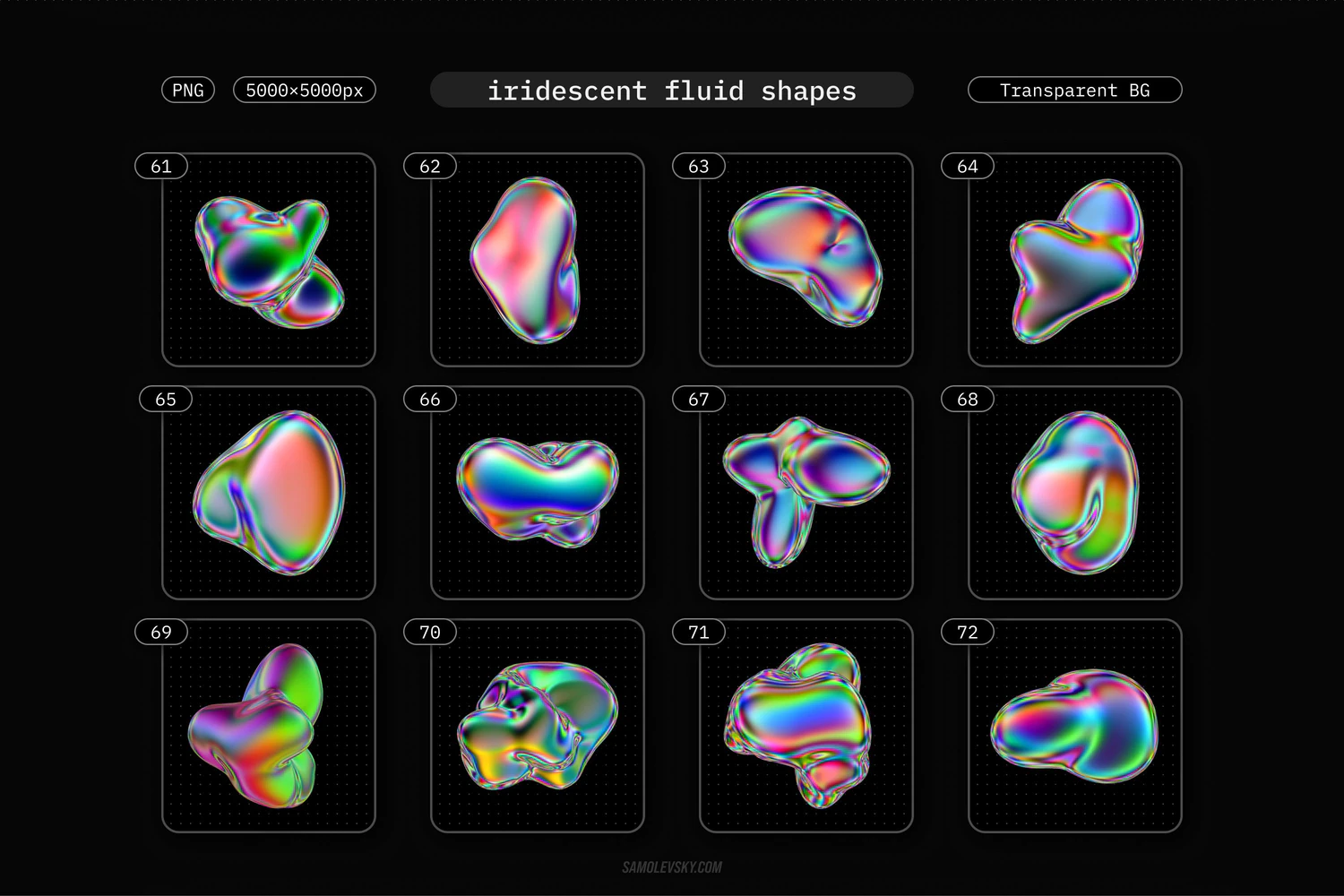 1800 72款3D虹彩抽象流体全息镭射有机形状PNG免抠设计素材 Iridescent fluid 3D shapes pack