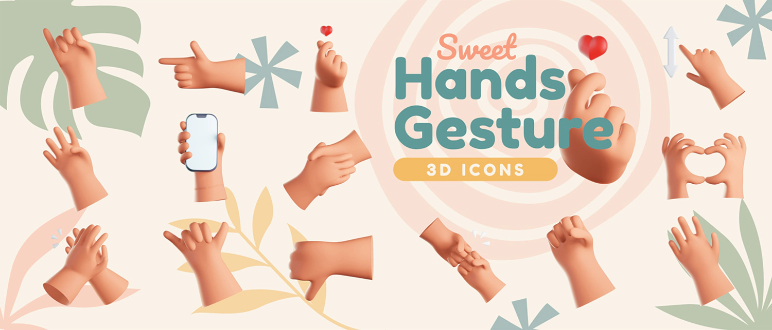 1801 25款3D手势卡通Blend模型PNG免抠元素 Hands Gesture 3D Icons