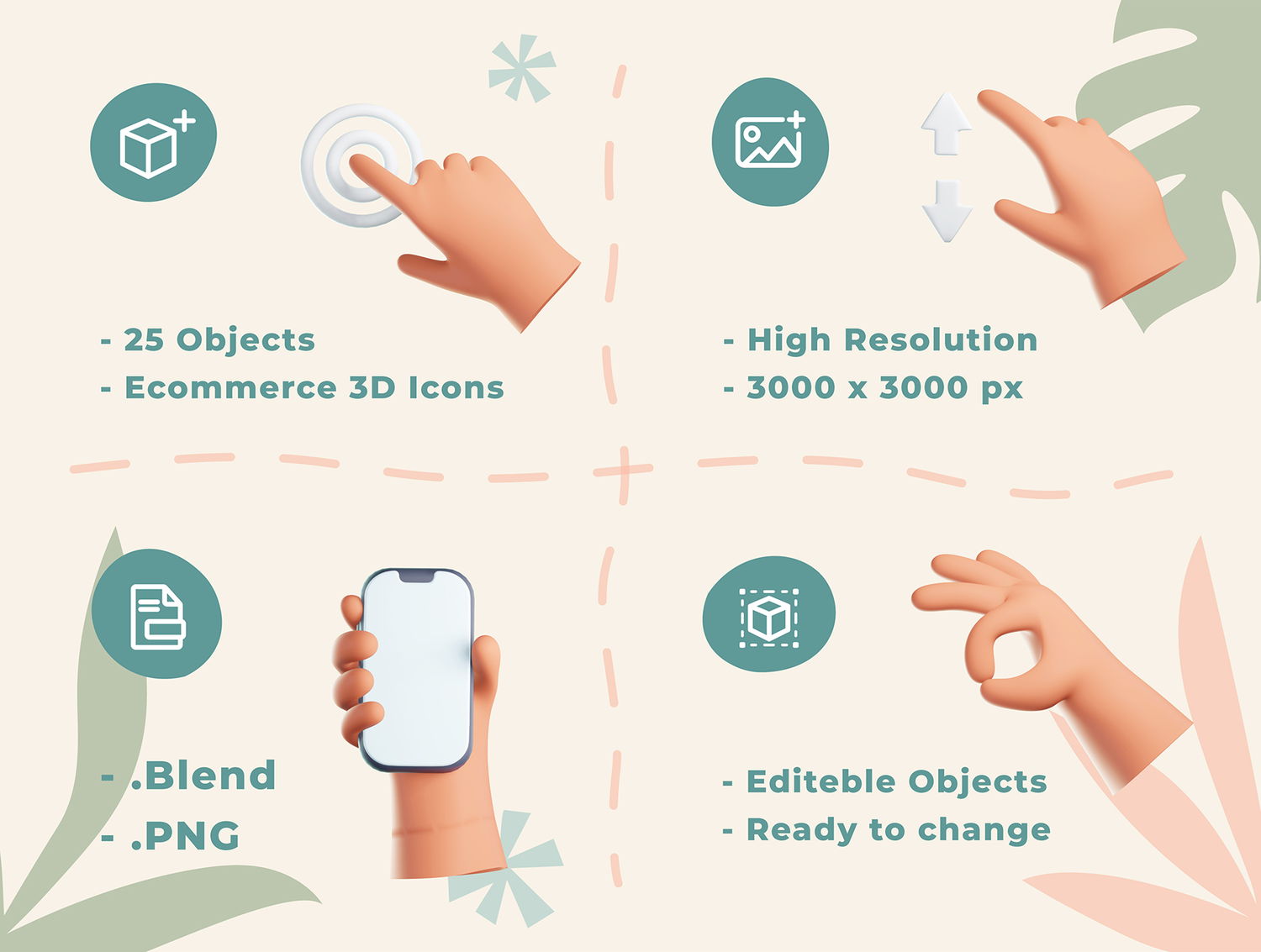 1801 25款3D手势卡通Blend模型PNG免抠元素 Hands Gesture 3D Icons