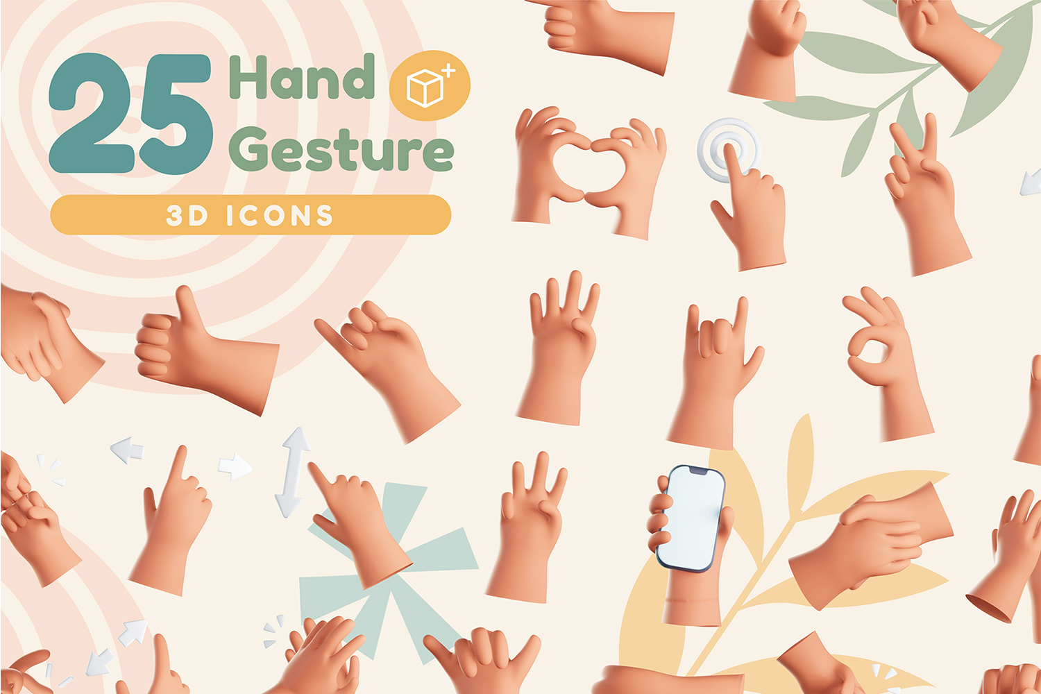 1801 25款3D手势卡通Blend模型PNG免抠元素 Hands Gesture 3D Icons