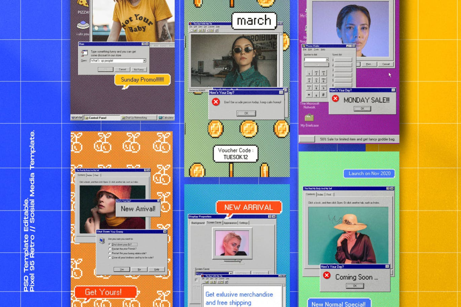 1870 复古怀旧win95操作系统ui界面媒体公众号推文排版式设计素材模板Pixel 95 – Insta Story & Post Social Media