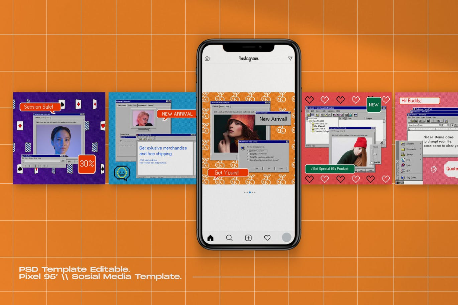 1870 复古怀旧win95操作系统ui界面媒体公众号推文排版式设计素材模板Pixel 95 – Insta Story & Post Social Media