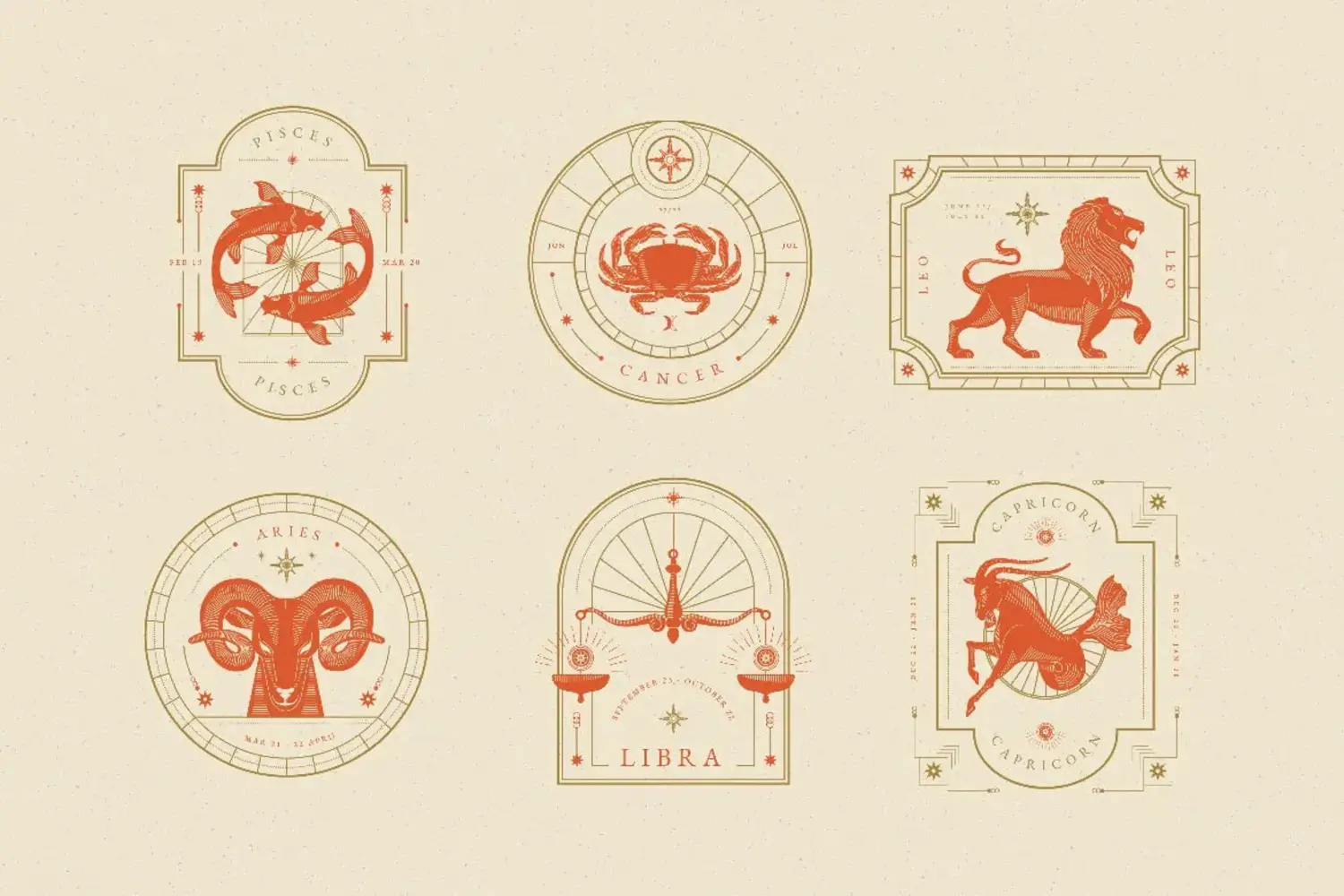 1876 12星座徽标图腾图案AI矢量元素素材 Vintage Zodiac Badges Illustration