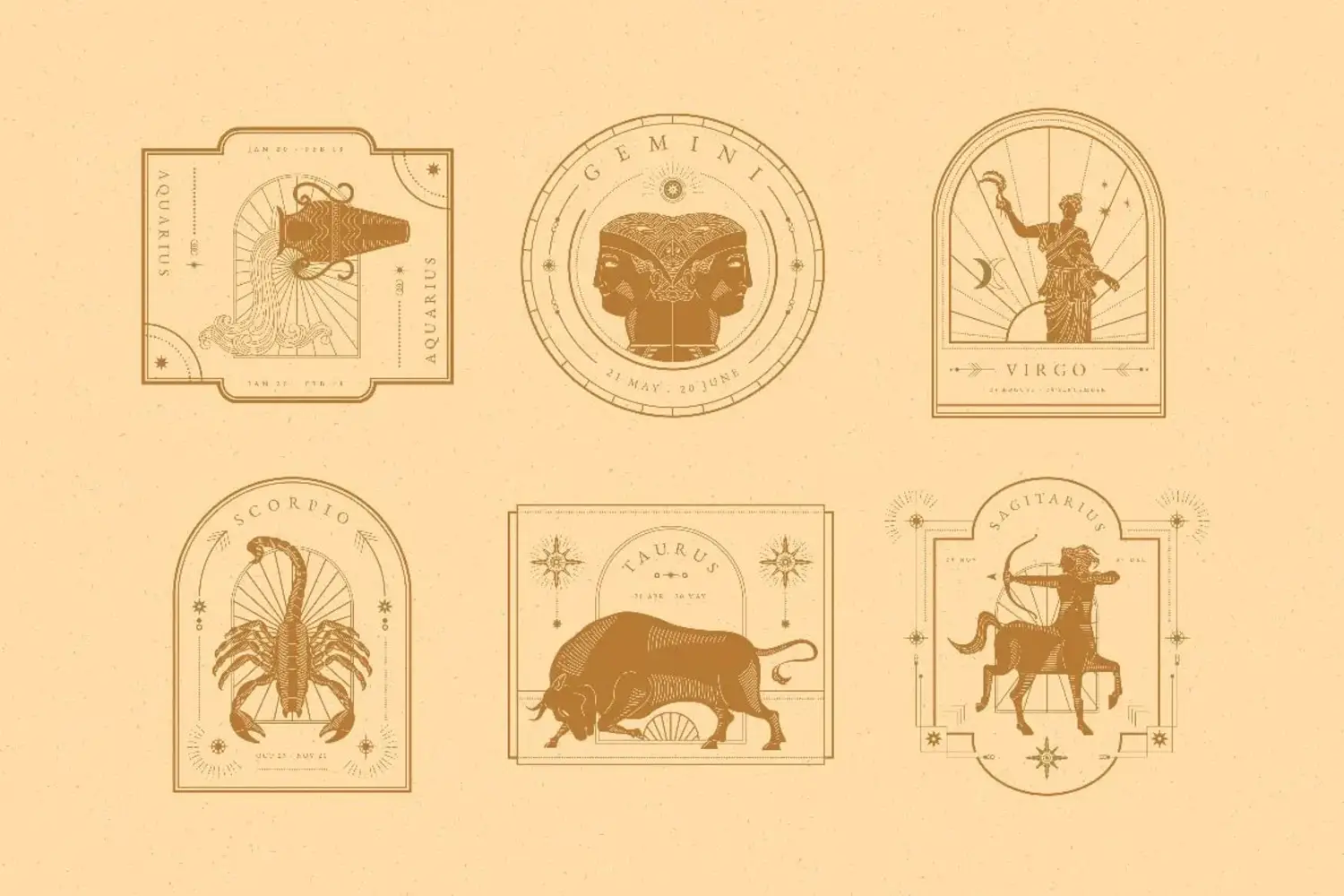1876 12星座徽标图腾图案AI矢量元素素材 Vintage Zodiac Badges Illustration
