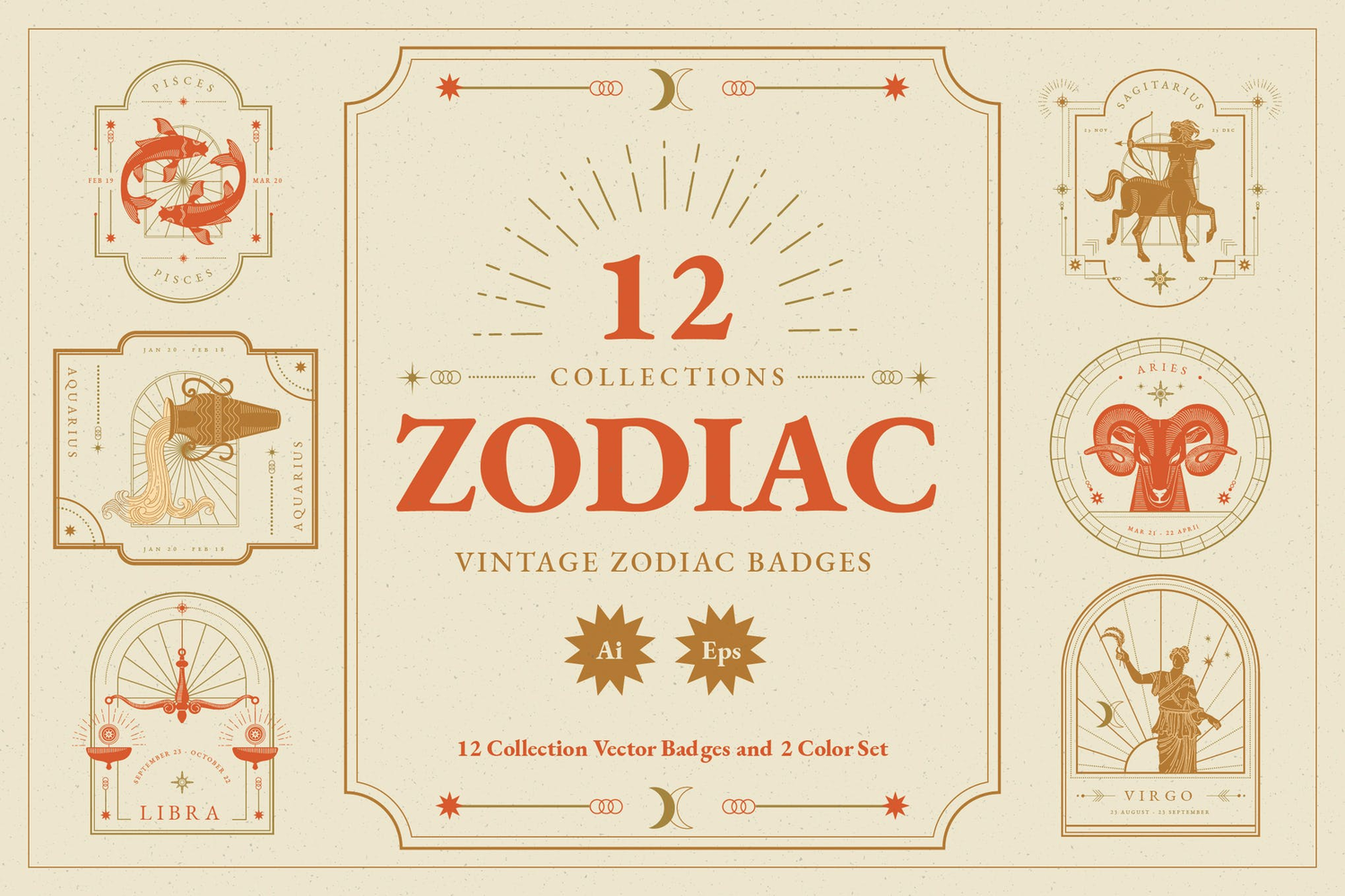 1876 12星座徽标图腾图案AI矢量元素素材 Vintage Zodiac Badges Illustration