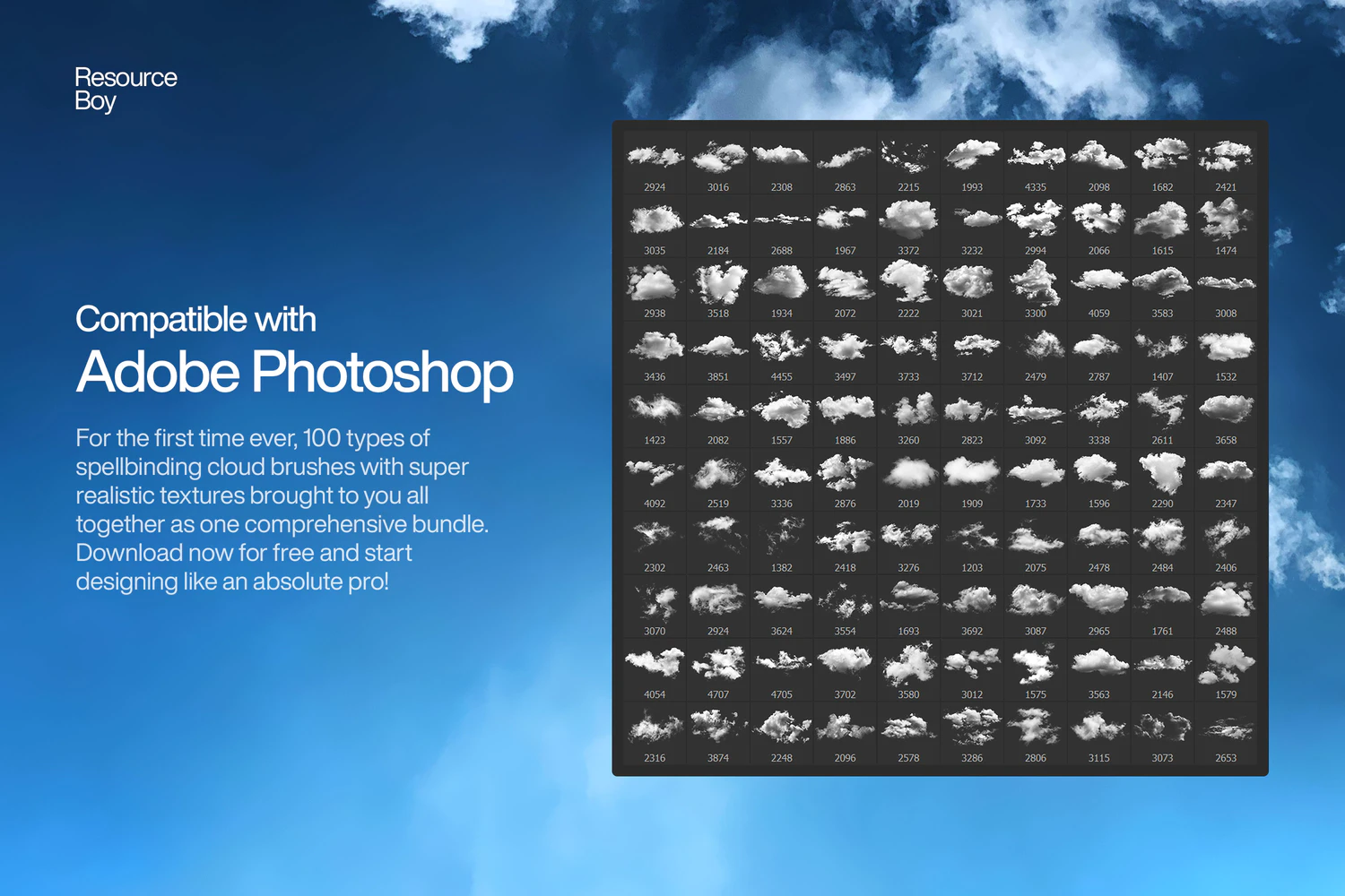 2188 可商用100款真实云朵云层蓝天白云多云天空云彩PS笔刷合集100 Cloud Photoshop Brushes