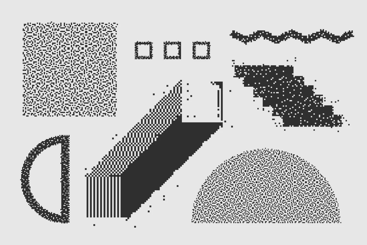 2190 120款潮流街头复古半调像素画马赛克艺术抽象插图插画Ai设计素材 120 Vector Dither Textured Clip Art Shapes Set