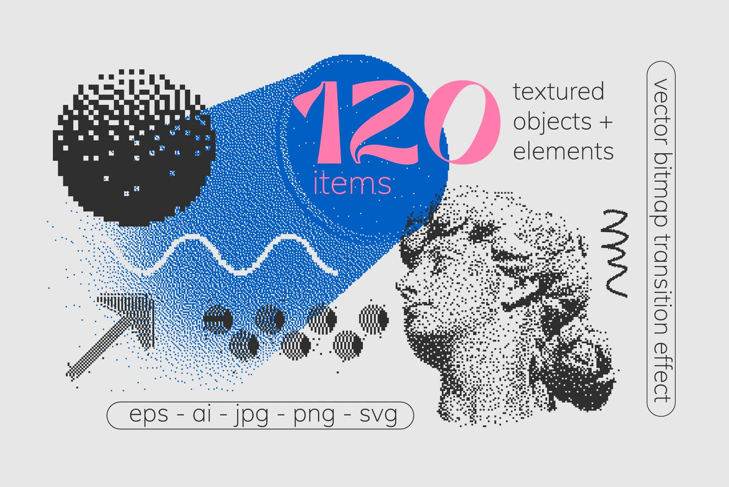 2190 120款潮流街头复古半调像素画马赛克艺术抽象插图插画Ai设计素材 120 Vector Dither Textured Clip Art Shapes Set