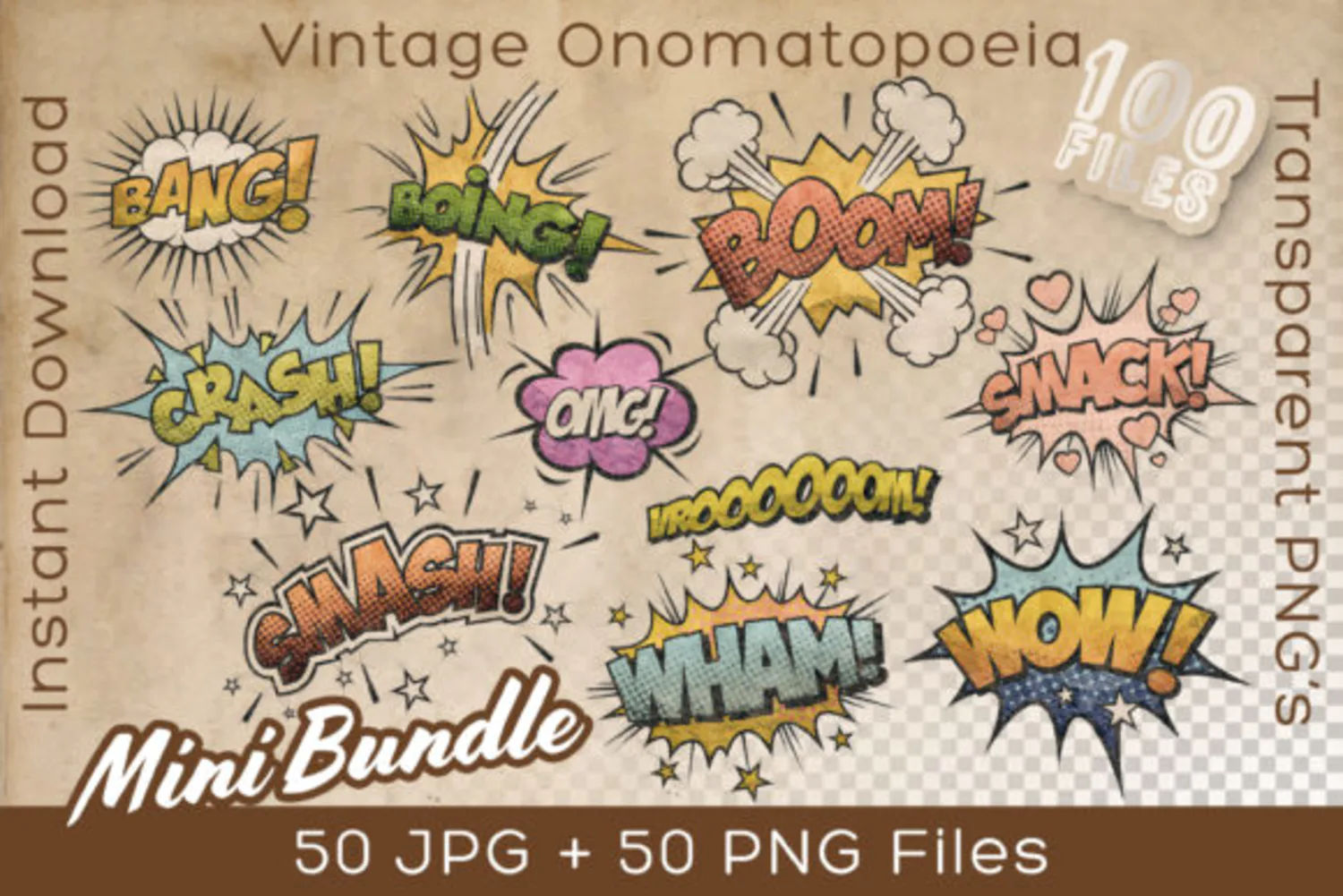 2194 复古拟声词爆炸效果贴纸PNG免抠素材 About Onomatopoeia Vintage Mini Bundle Graphic