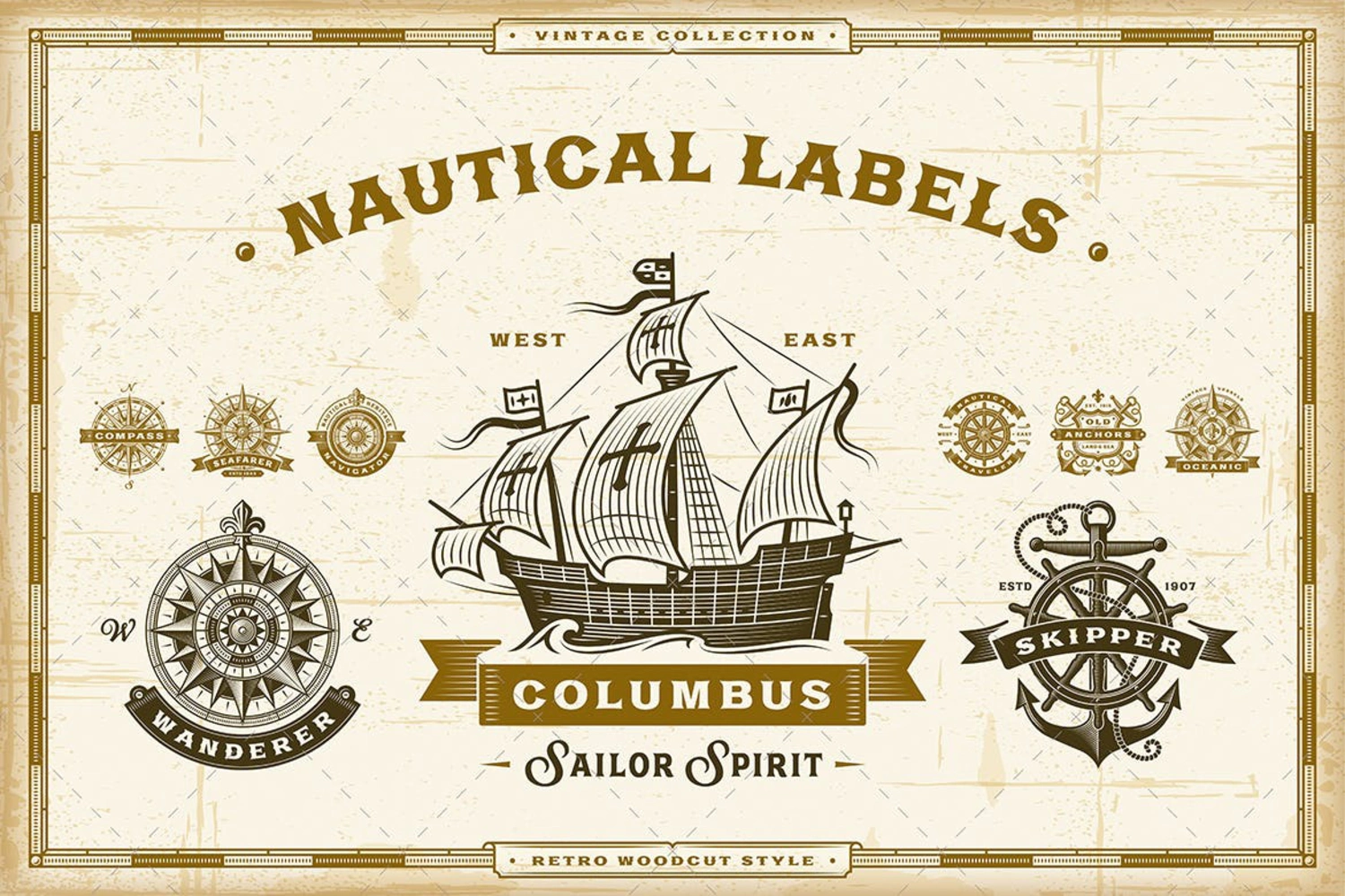 2198 复古插画航海时代矢量标签图标集合 Vintage Nautical Labels Collection