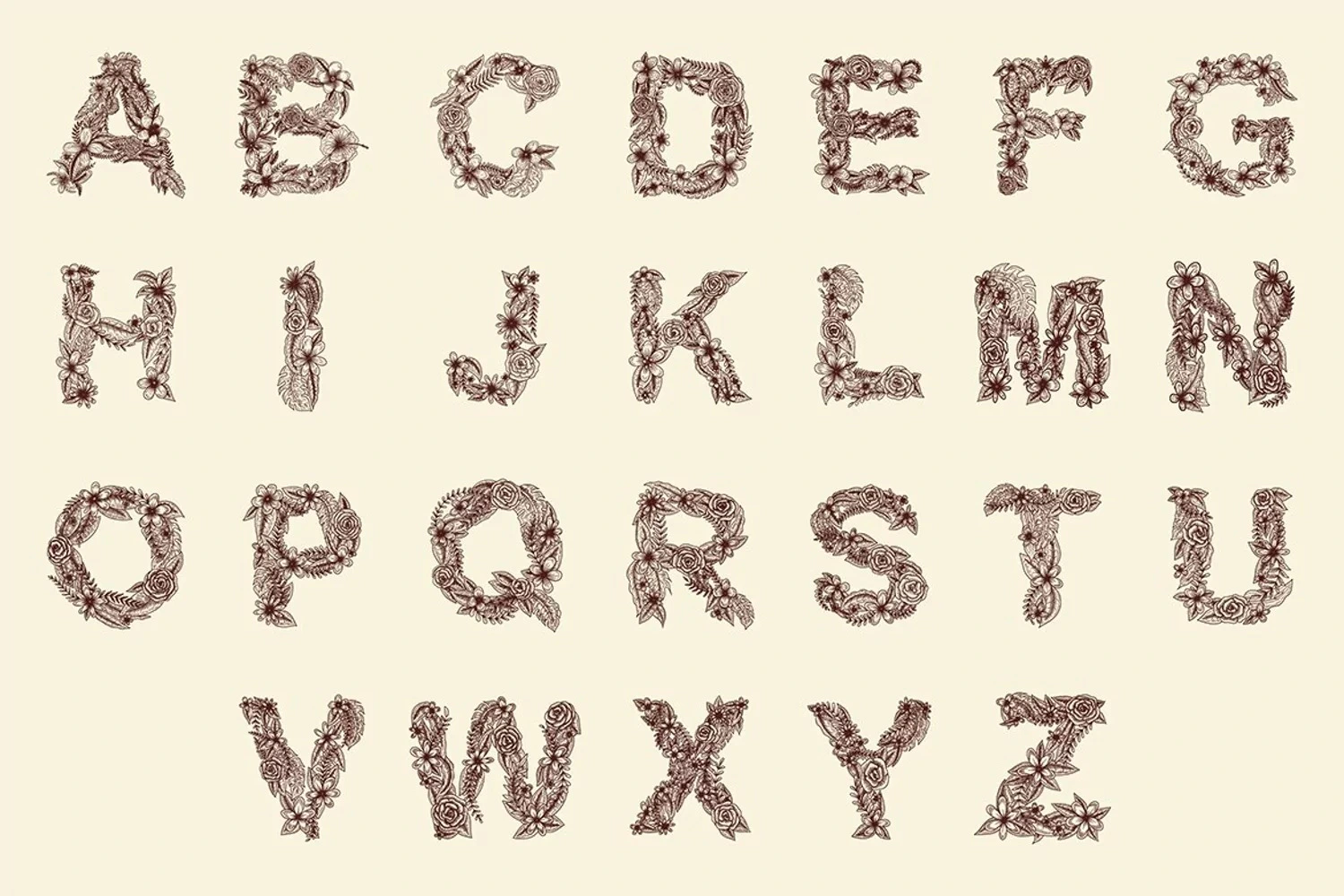 2203 复古手绘花纹字母矢量插图素材 A-Z Flower Alphabet Hand drawn Illustration
