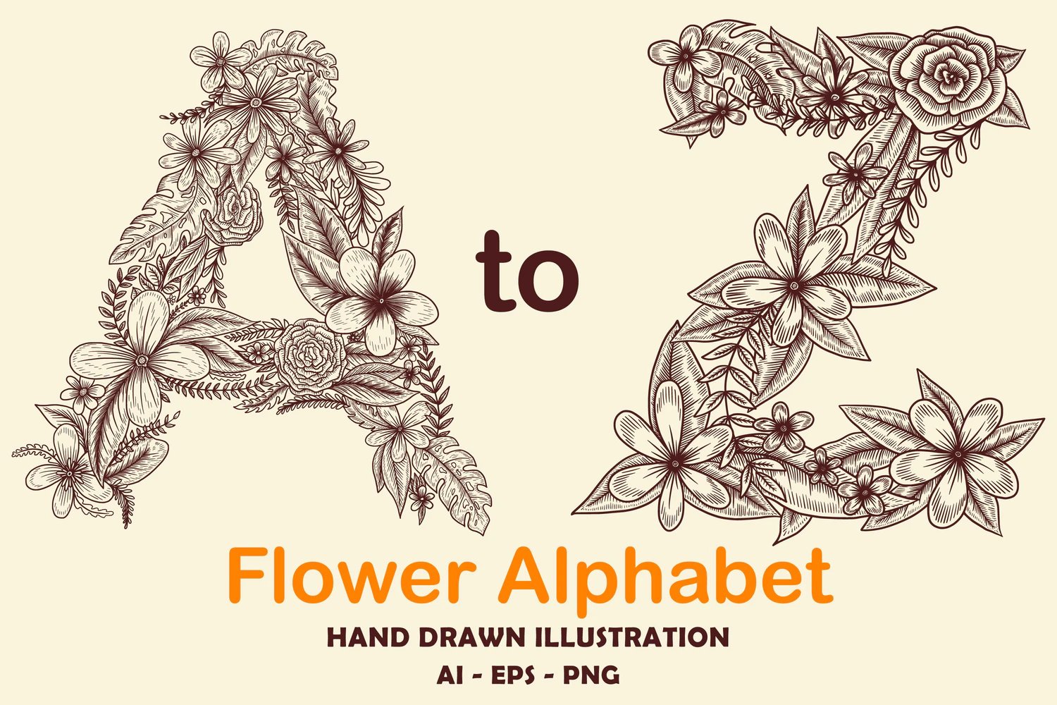 2203 复古手绘花纹字母矢量插图素材 A-Z Flower Alphabet Hand drawn Illustration