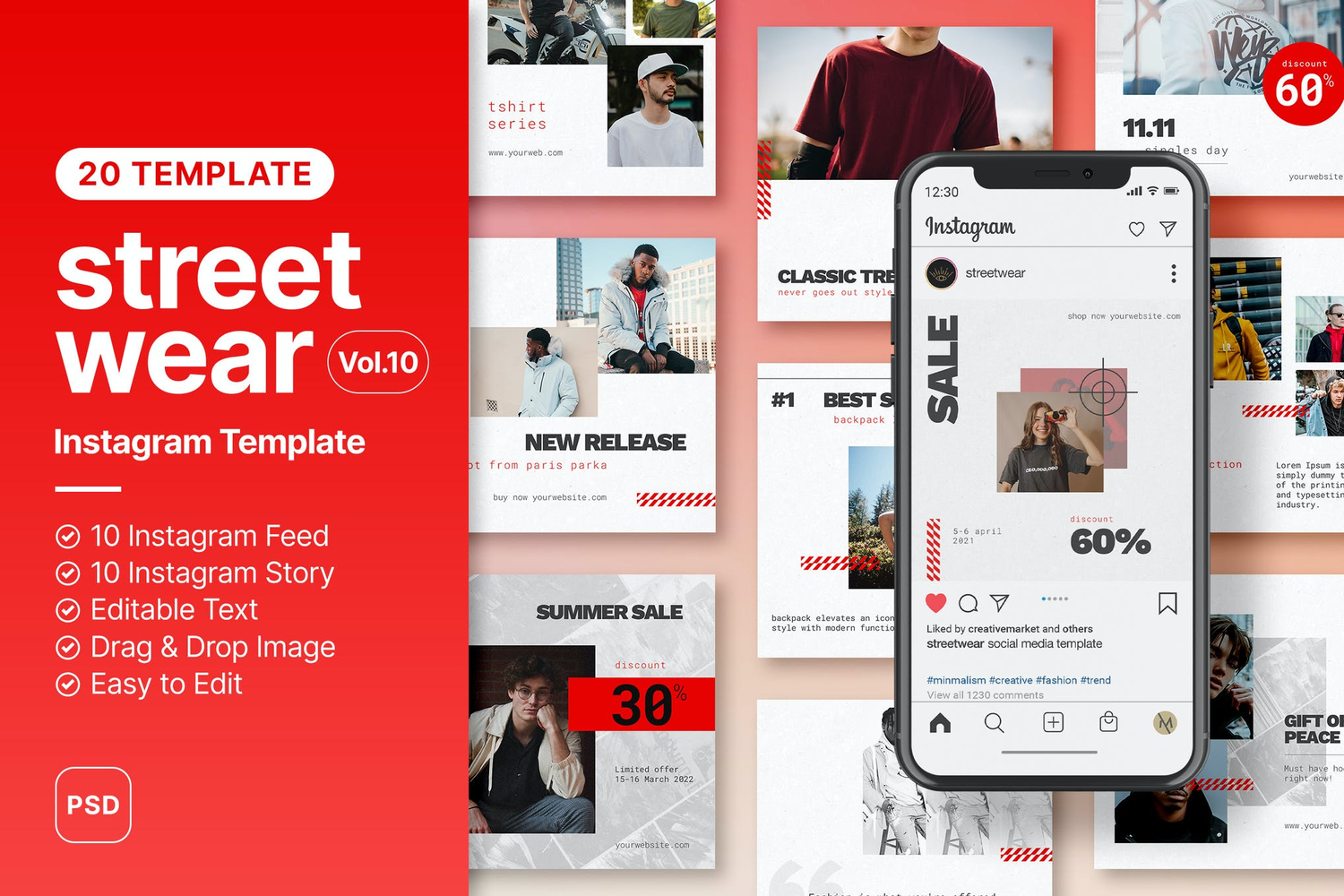 2264 浅色时尚街头风格的服装品牌广告海报设计模板Streetwear Instagram Social Media Template Vol