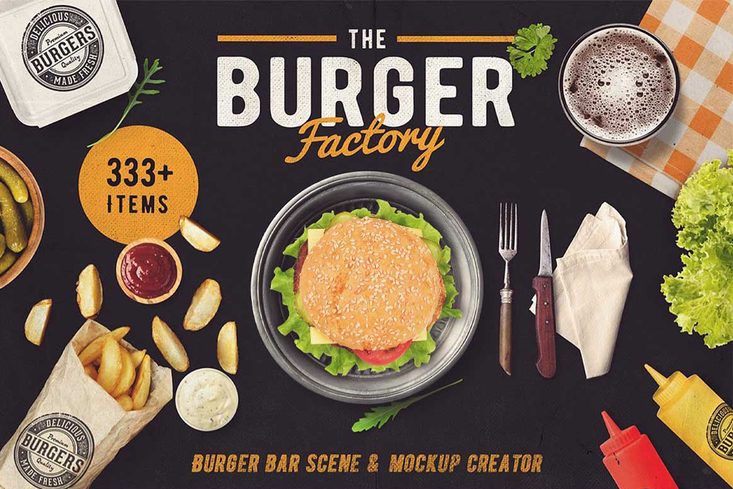 2332 汉堡快餐薯条牛排样机场景搭建PS元素素材包 The Burger Bar – Scene Generator