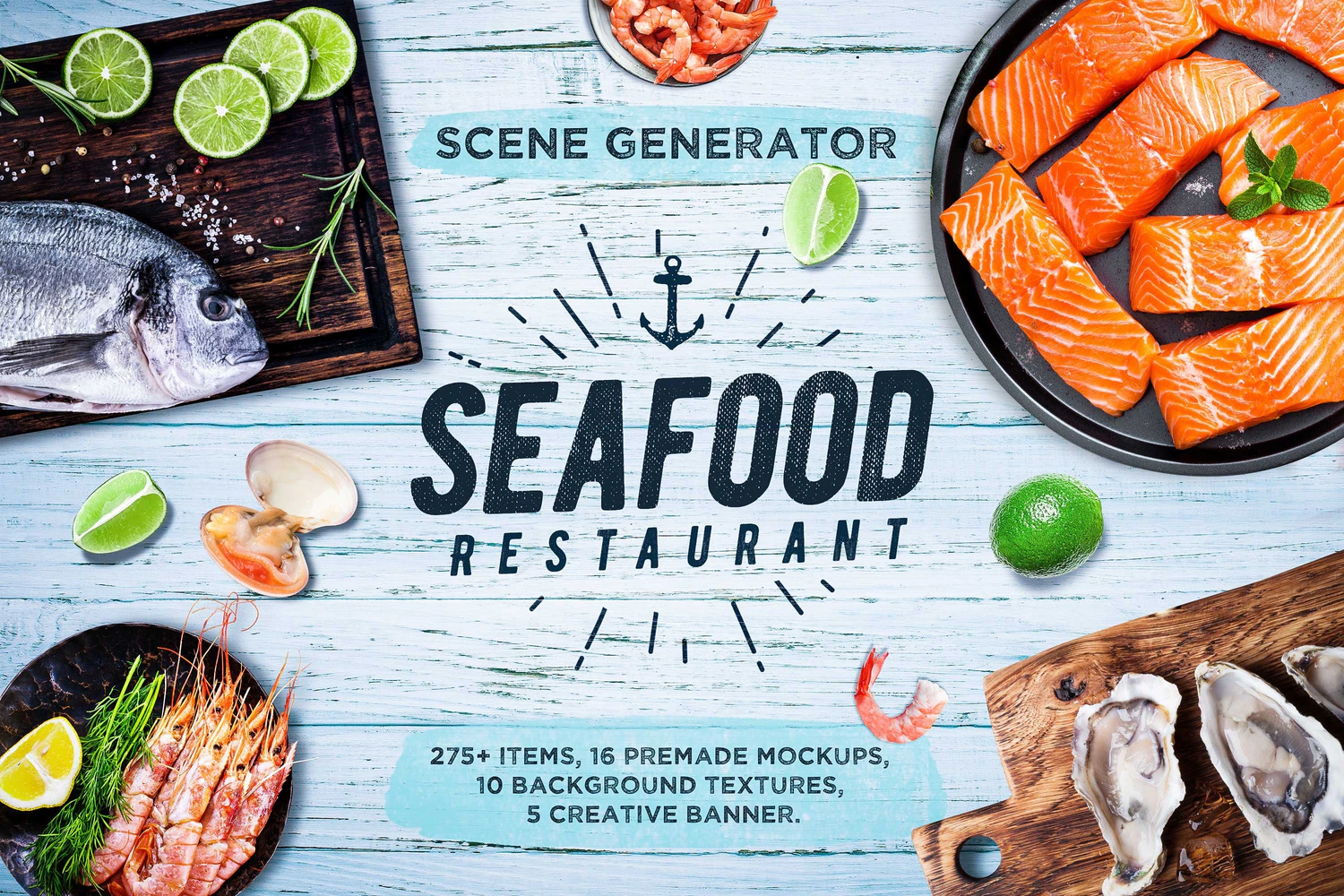 2340 海鲜食物餐饮场景搭建PS模型素材包Seafood Scene and Mockup Creator