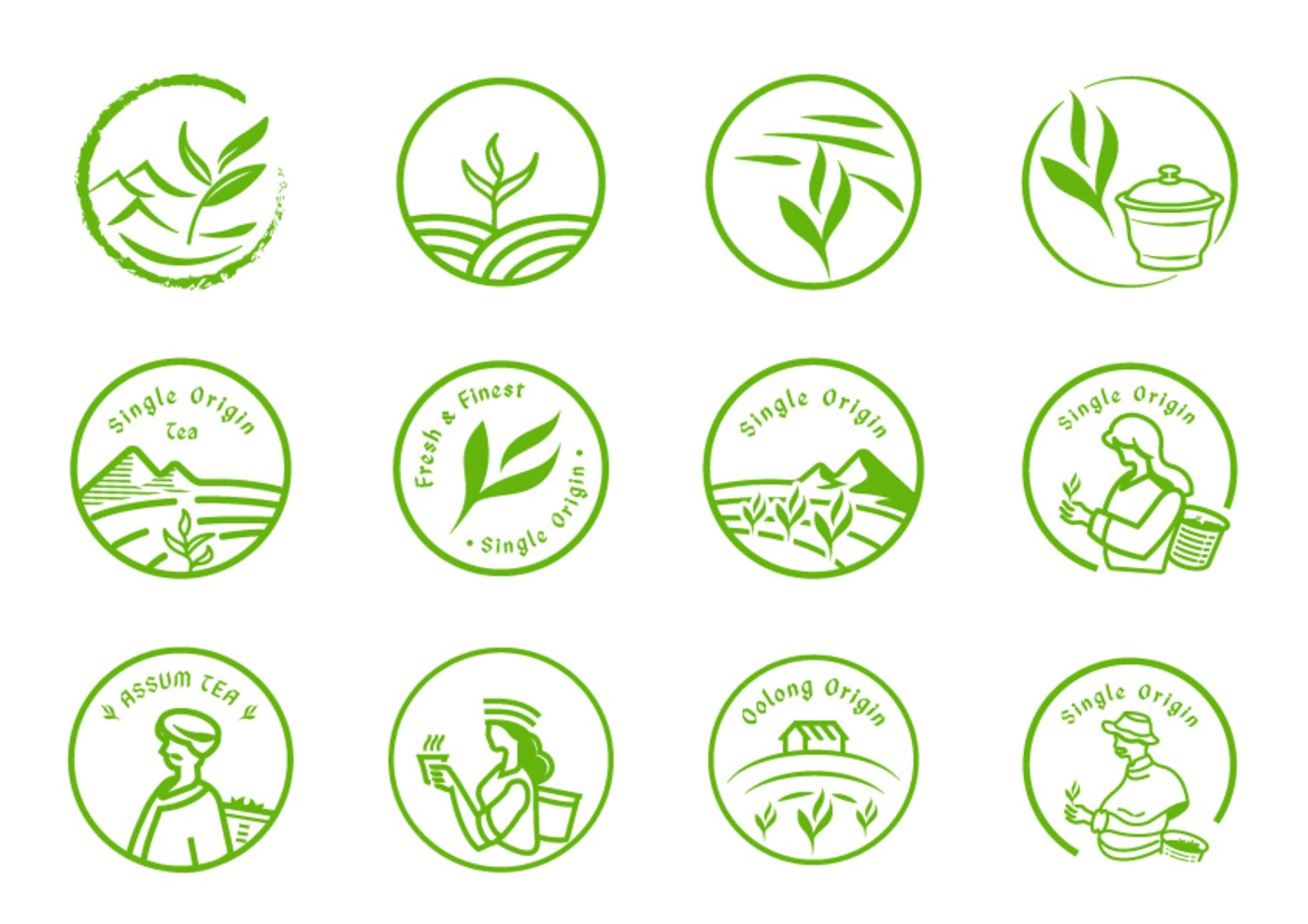 2605 手绘创意植物茶叶农业线稿品牌LOGO店标标签包装设计ai矢量素材