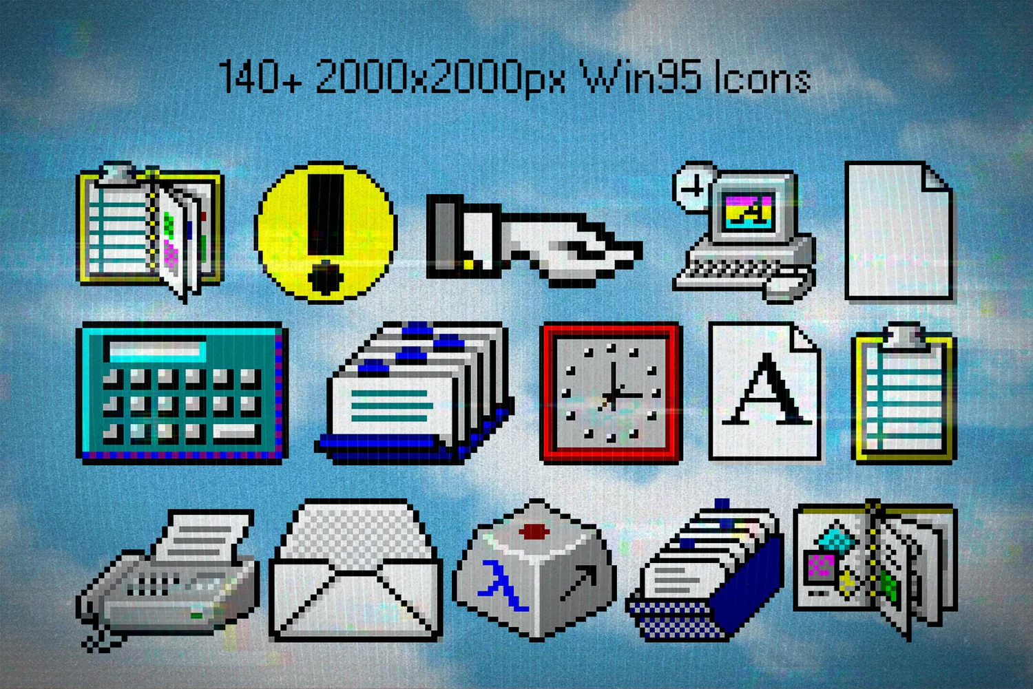 2625 Y2K电脑窗口WindowsUI界面设计包500+复古怀旧像素人物剪贴画拼贴PNG元素+22款海报设计套件