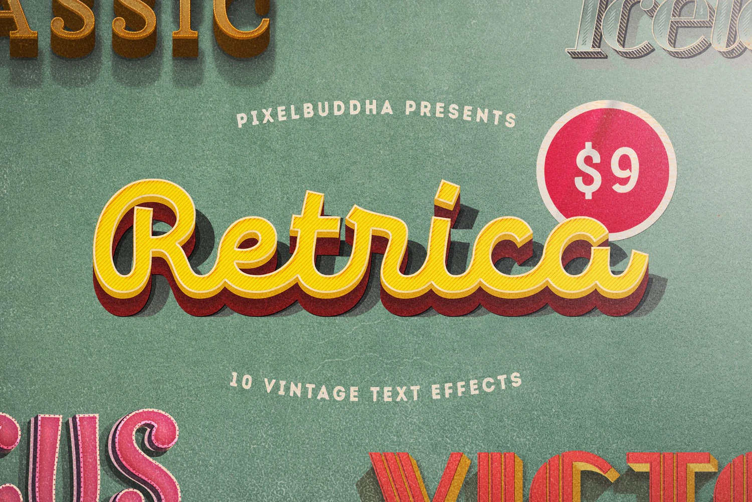 2675 10款复古文本文字立体效果PS样式素材包 Retrica Vintage Text Effects Pack