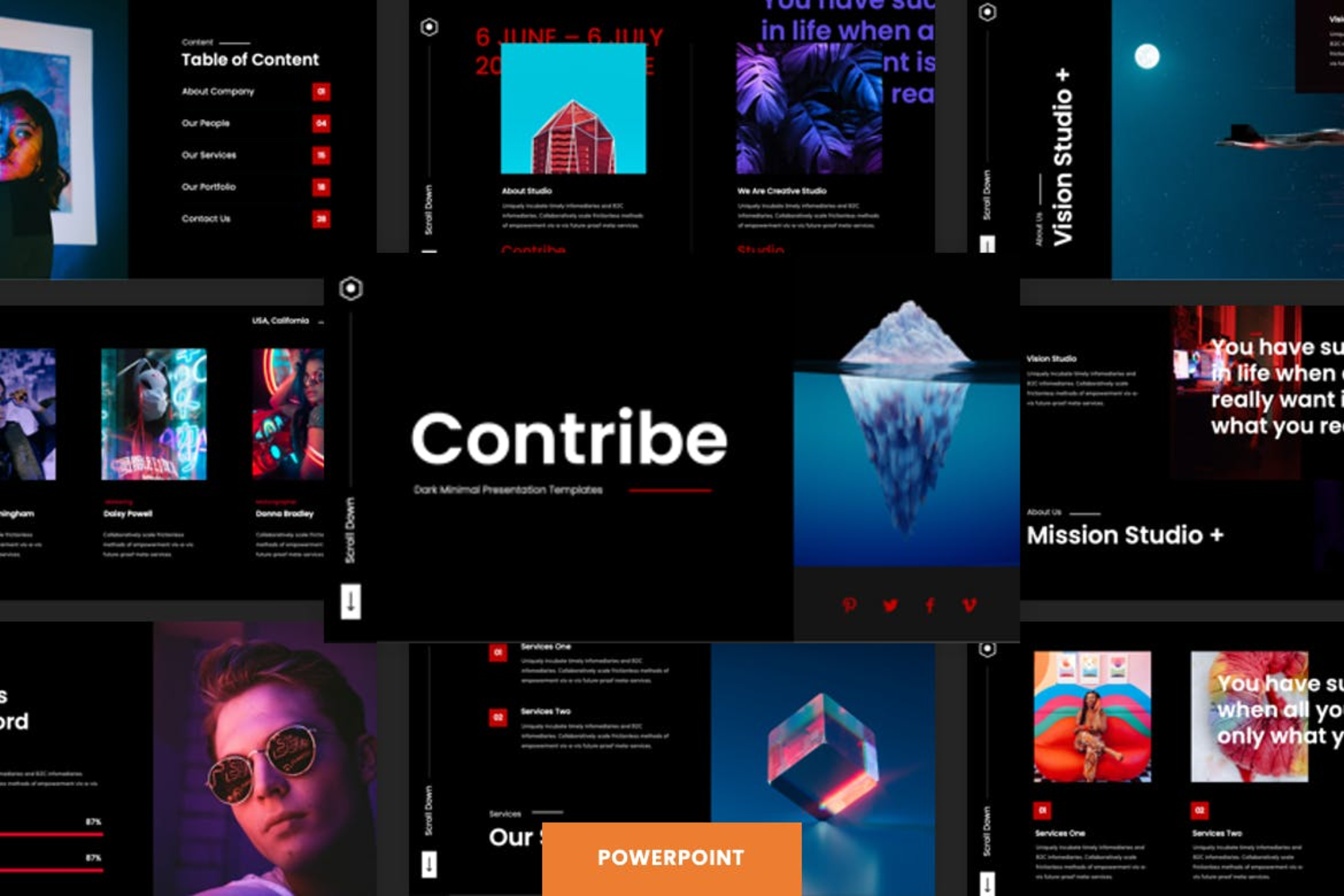 2768 极简深色背景的公司服务介绍keynote模板Contribe – Dark Minimalist Keynote Template-GOOODME果觅网