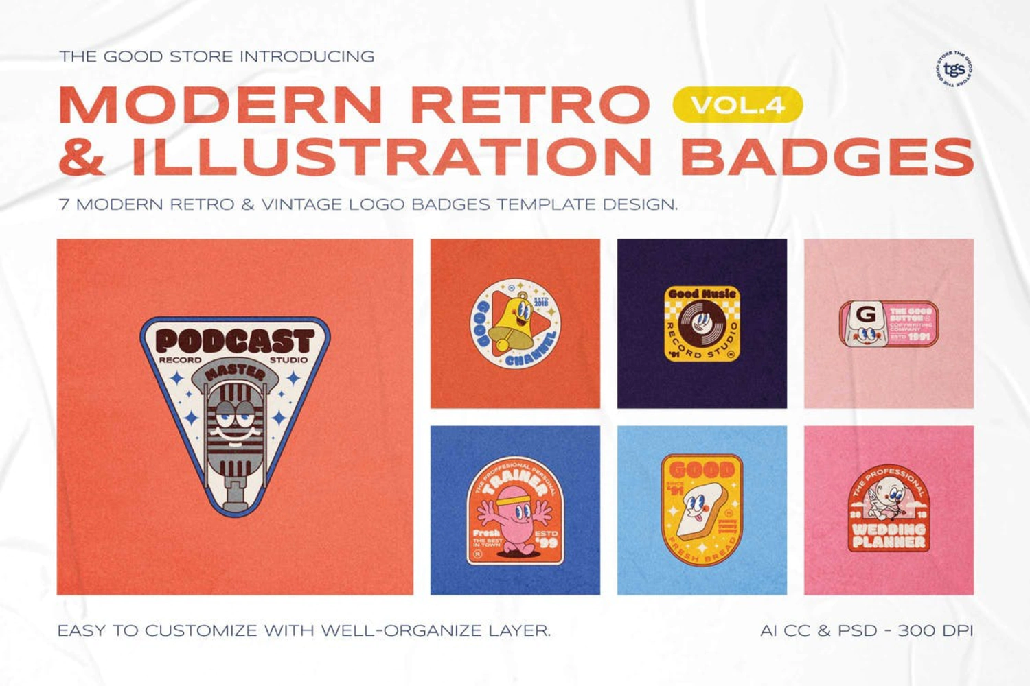 2847 7款复古标签徽章贴纸AI矢量源文件素材3Modern Retro Illustration Badges-果觅网GOOODME.COM