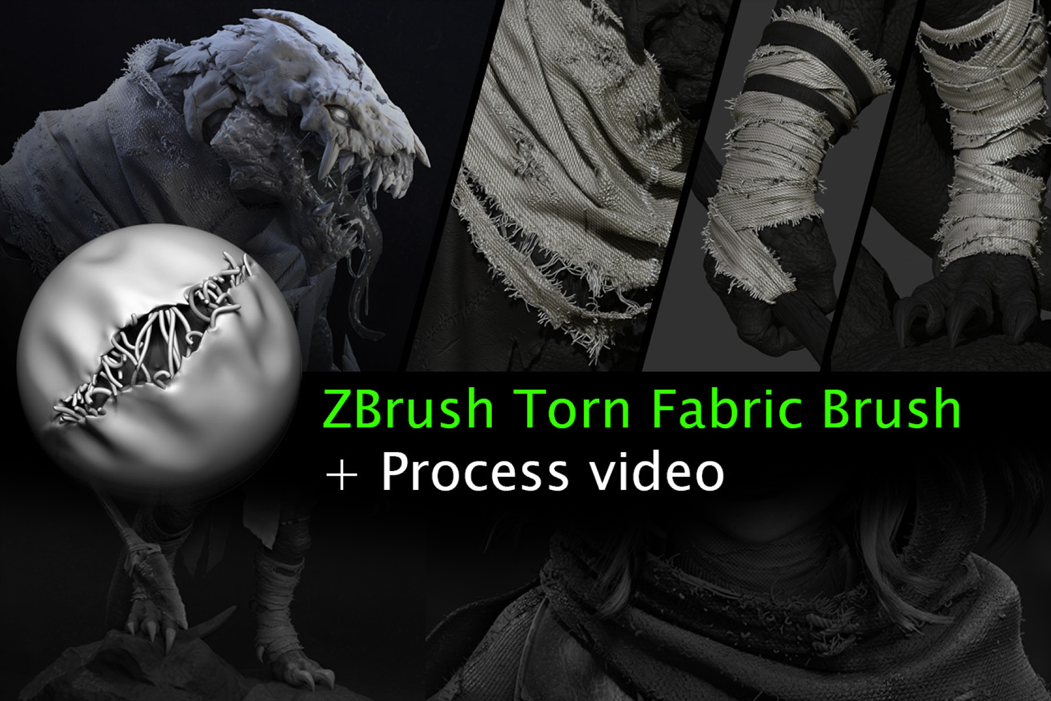 2881 Zbrush衣服布料撕裂缝线边缘破损织物笔刷zb烂布笔刷zb破洞布料刷 Character Art Tips from Igor Golovkov-果觅网GOOODME.COM