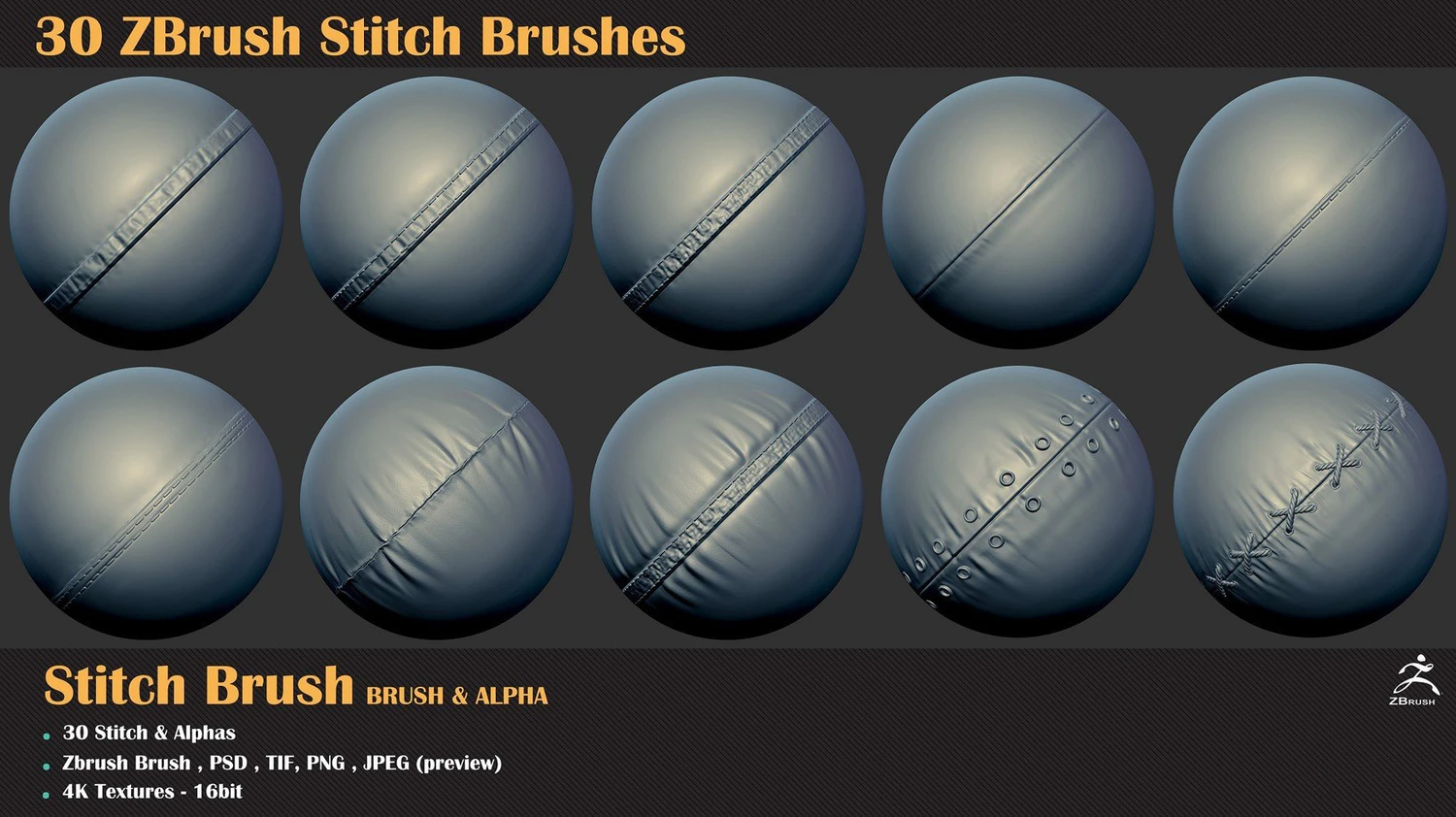 2882 zbrush服饰边缝线笔刷zb布料连接线细节雕刻alpha贴图纹理素材 30 Zbrush Stitch Brushes-果觅网GOOODME.COM