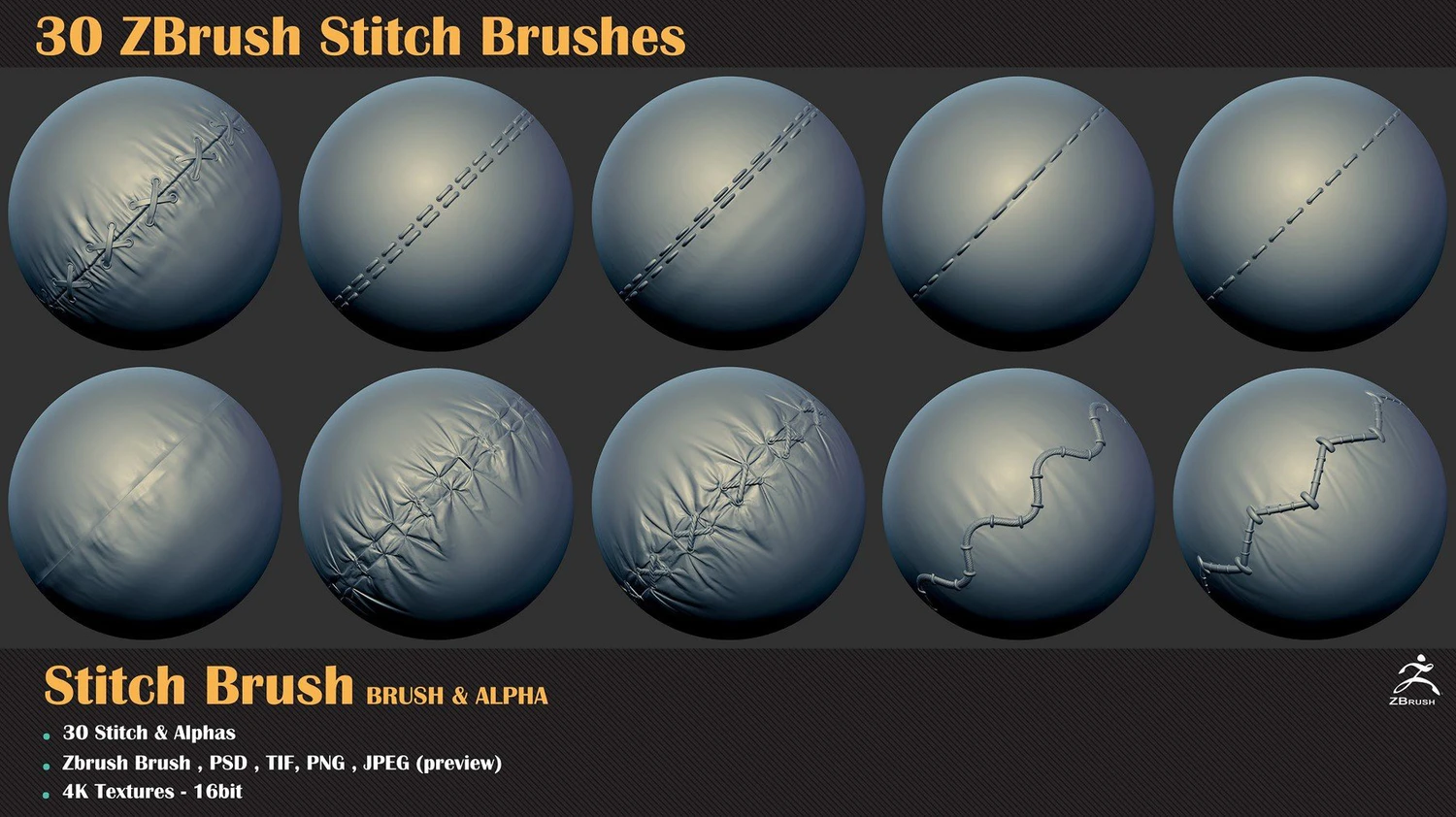 2882 zbrush服饰边缝线笔刷zb布料连接线细节雕刻alpha贴图纹理素材 30 Zbrush Stitch Brushes-果觅网GOOODME.COM