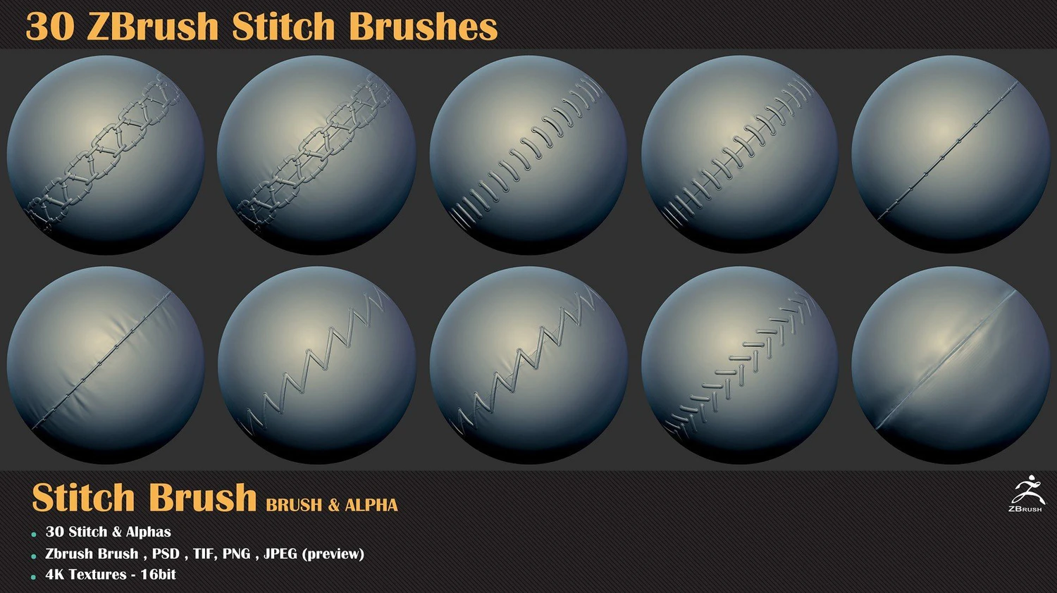 2882 zbrush服饰边缝线笔刷zb布料连接线细节雕刻alpha贴图纹理素材 30 Zbrush Stitch Brushes-果觅网GOOODME.COM