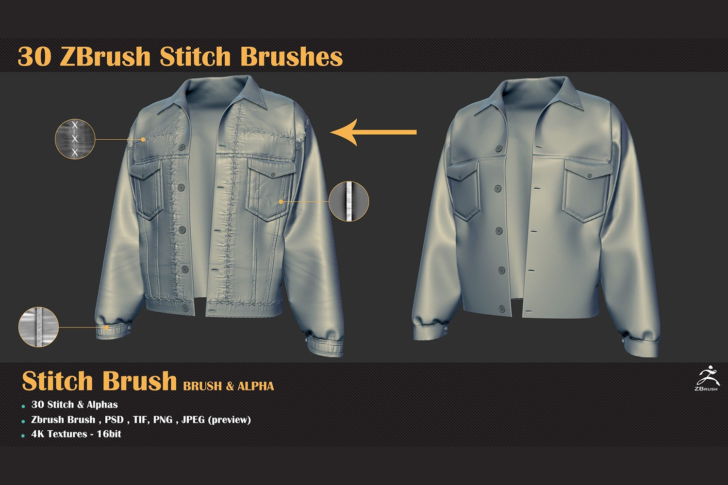 2882 zbrush服饰边缝线笔刷zb布料连接线细节雕刻alpha贴图纹理素材 30 Zbrush Stitch Brushes-果觅网GOOODME.COM