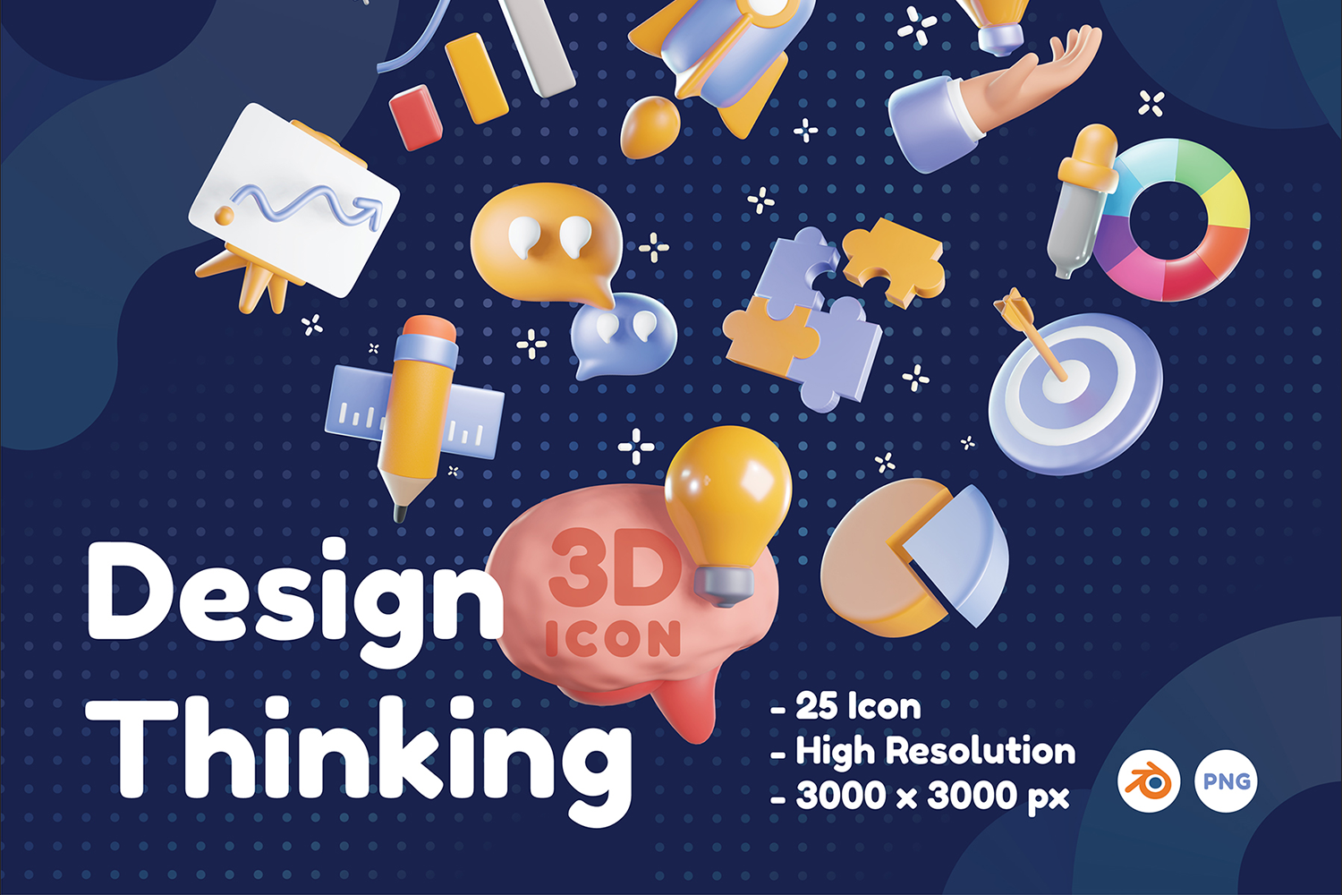2883 25款3D立体趣味卡通创意思维头脑风暴图表icon图标png免抠素材Blender模型 Design Thinking 3D Icons-果觅网GOOODME.COM
