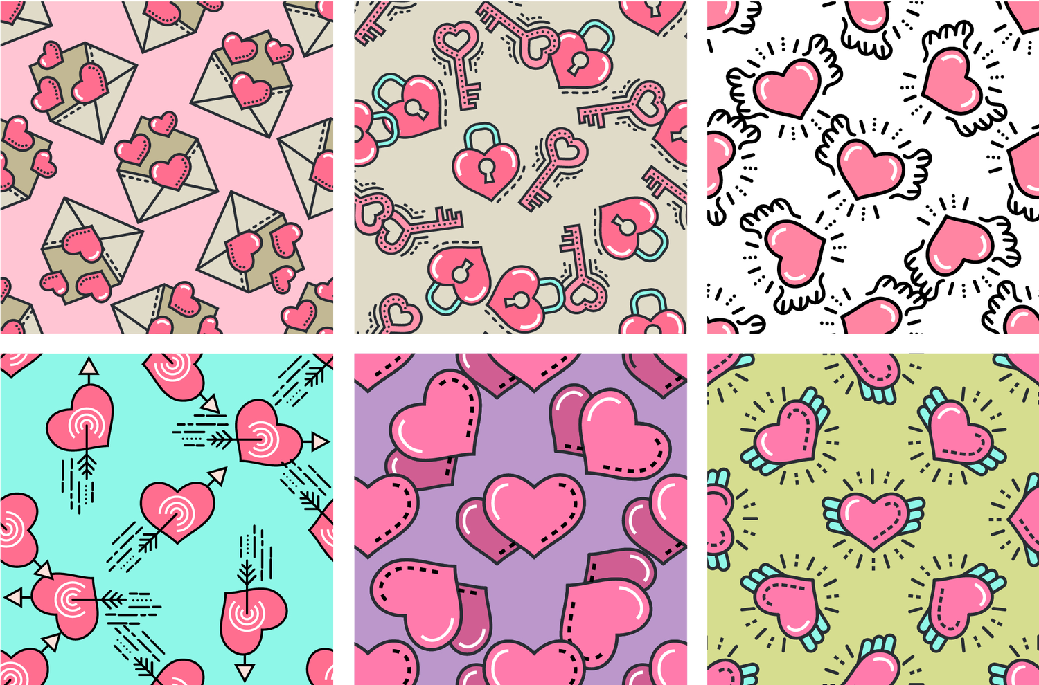 3022 6款情人节可爱开通爱心矢量无缝背景素材 Valentine Seamless Patterns