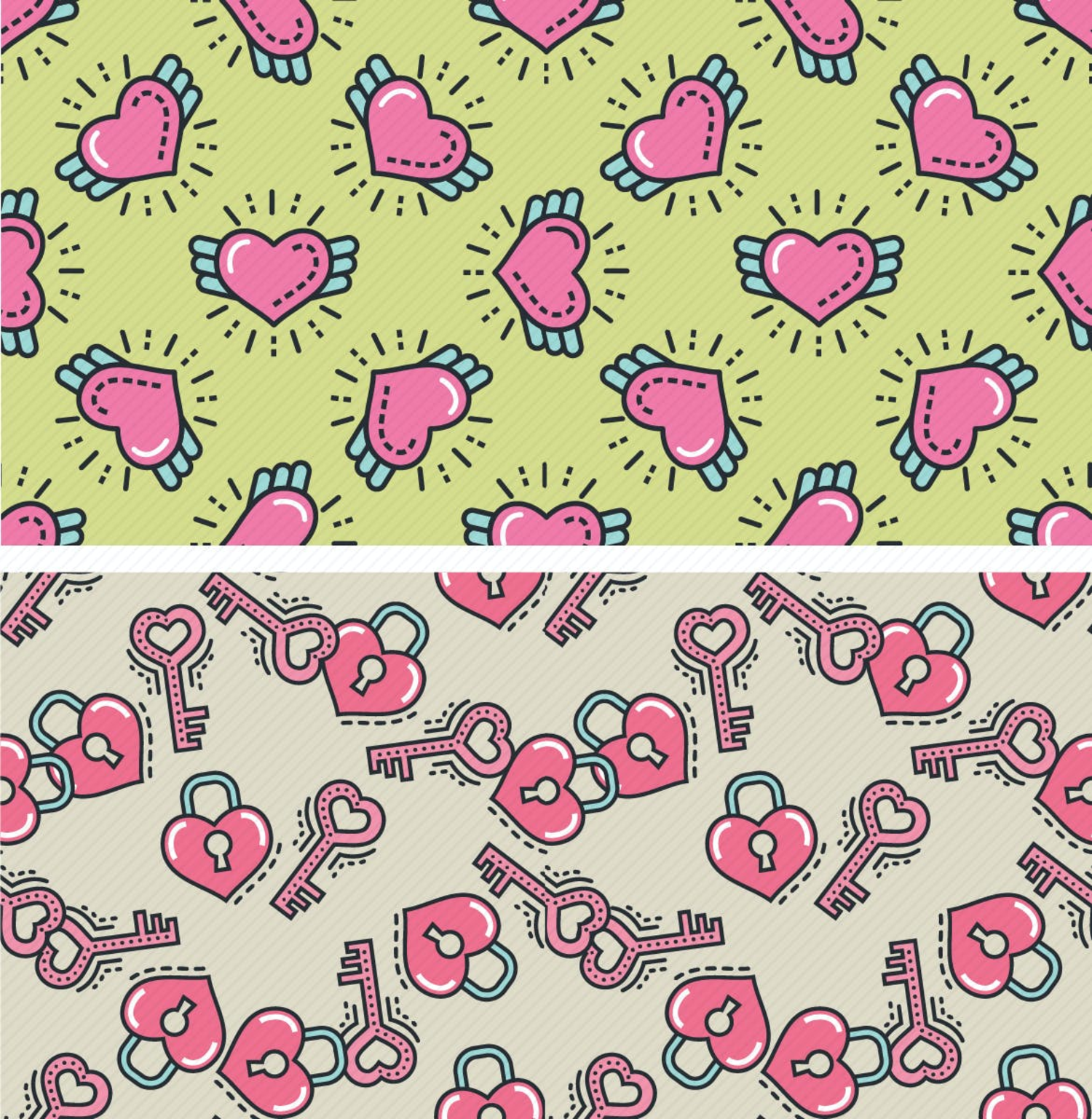 3022 6款情人节可爱开通爱心矢量无缝背景素材 Valentine Seamless Patterns