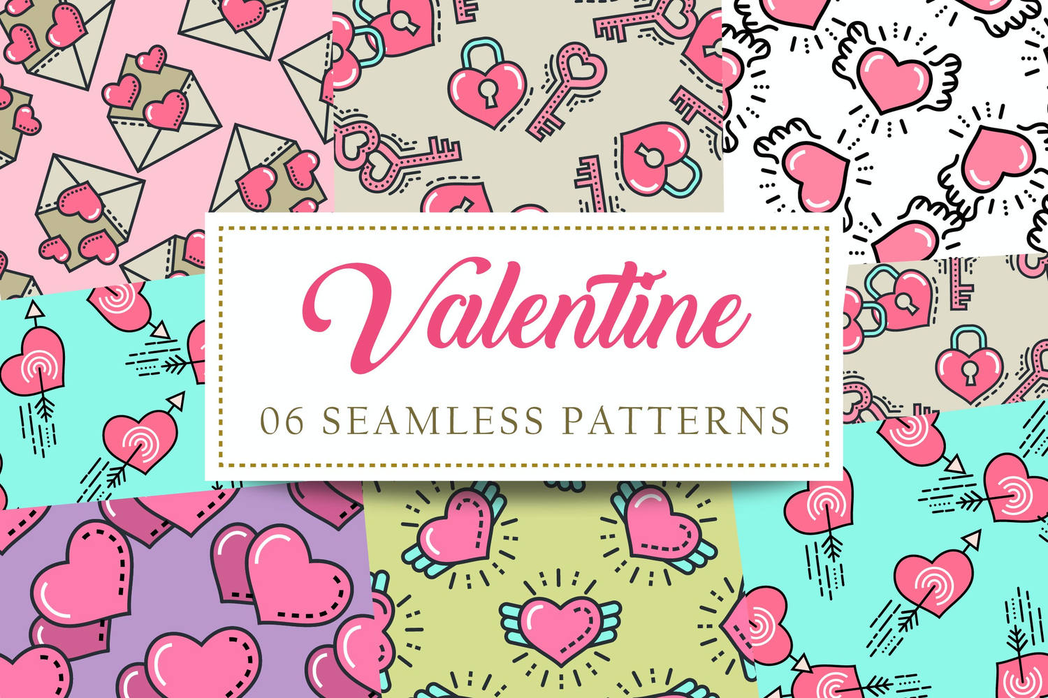 3022 6款情人节可爱开通爱心矢量无缝背景素材 Valentine Seamless Patterns