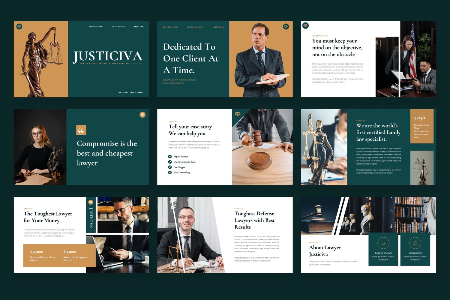 3079 律师事务所法律援助司法PPT+Keynote模板 Justiciva – Lawyer & Law Firm Keynote Template