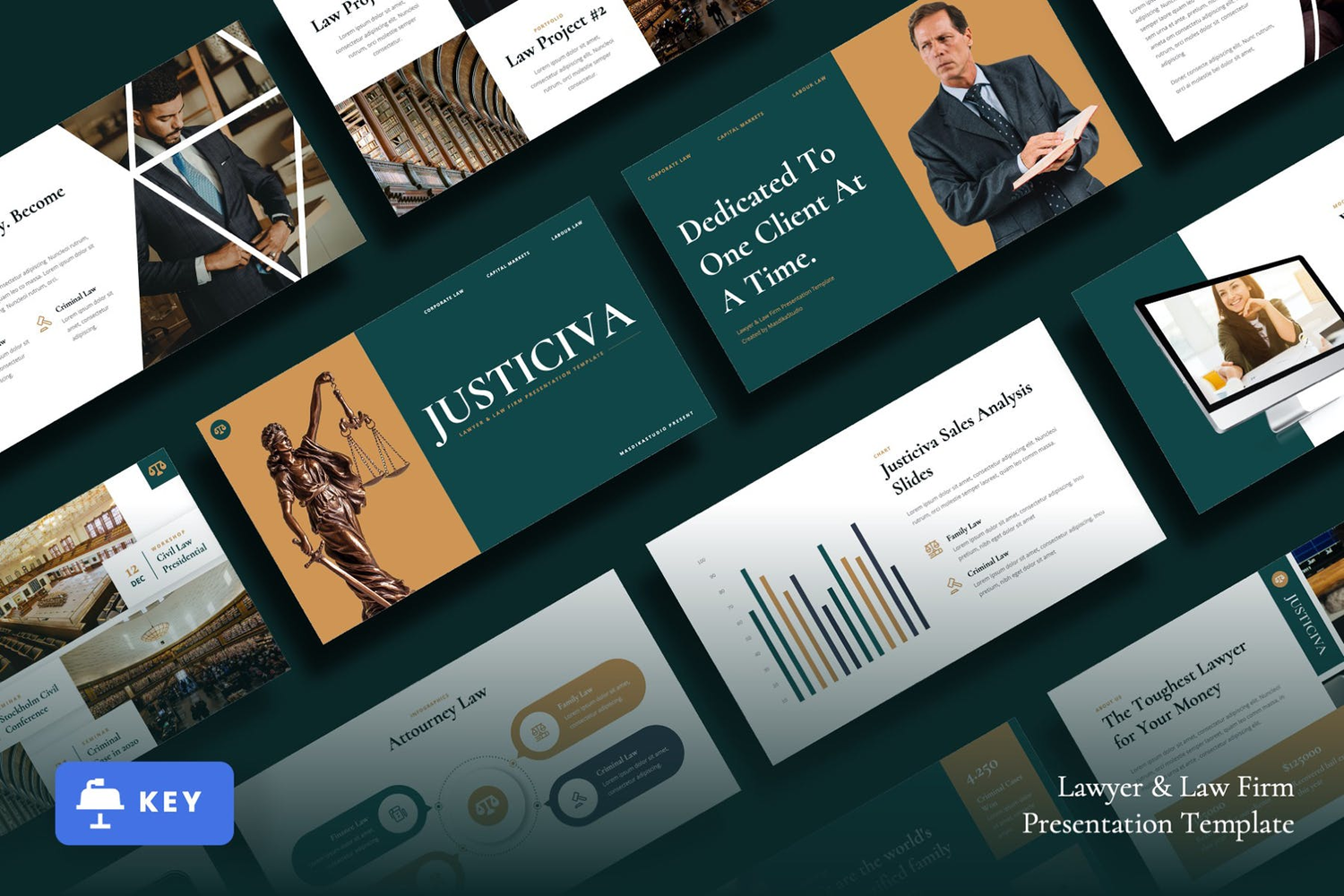 3079 律师事务所法律援助司法PPT+Keynote模板 Justiciva – Lawyer & Law Firm Keynote Template