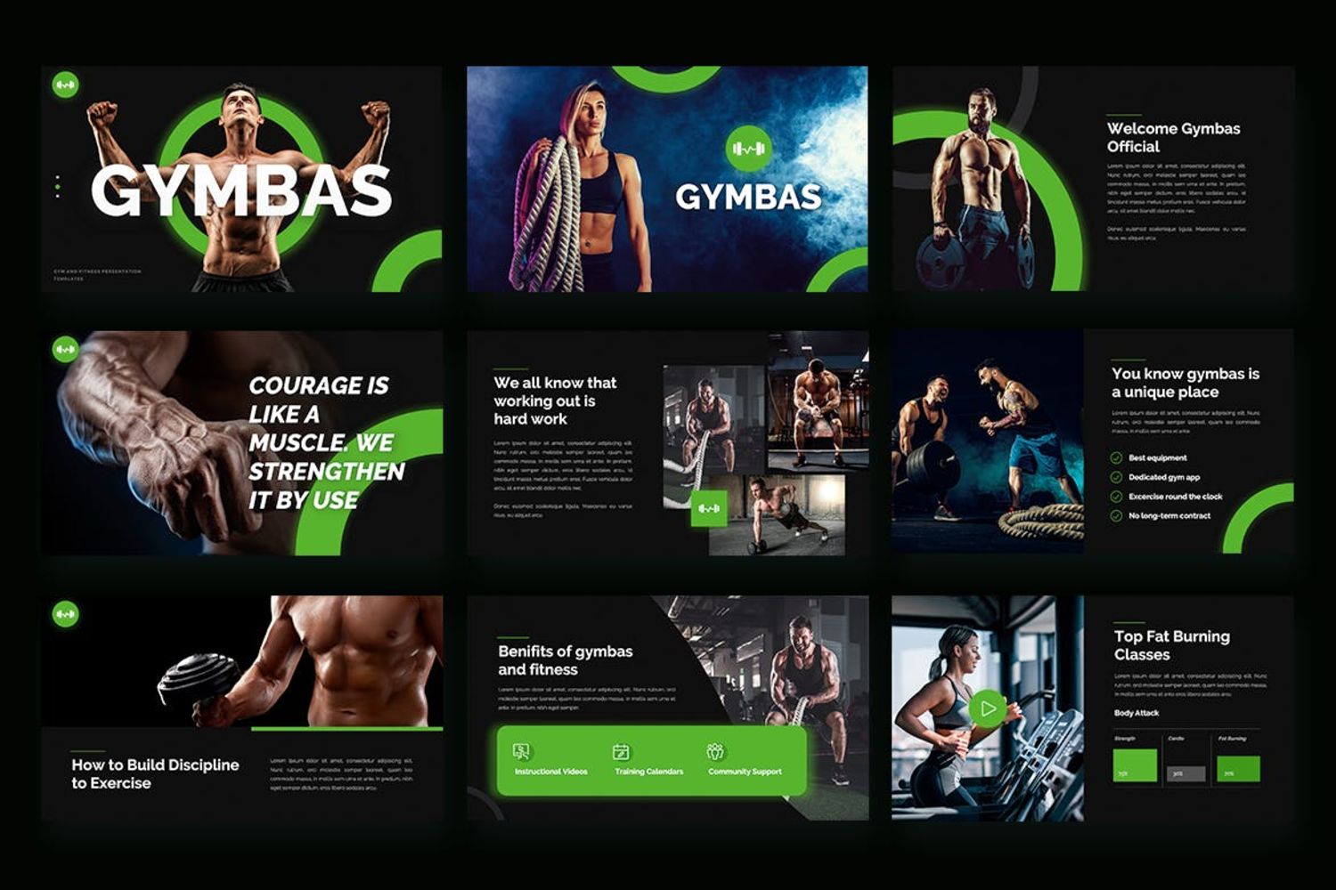3080 黑色酷炫健身运动项目产品介绍PPT+Keynote模板  GYMBAS – GYM & Fitness Keynote Template