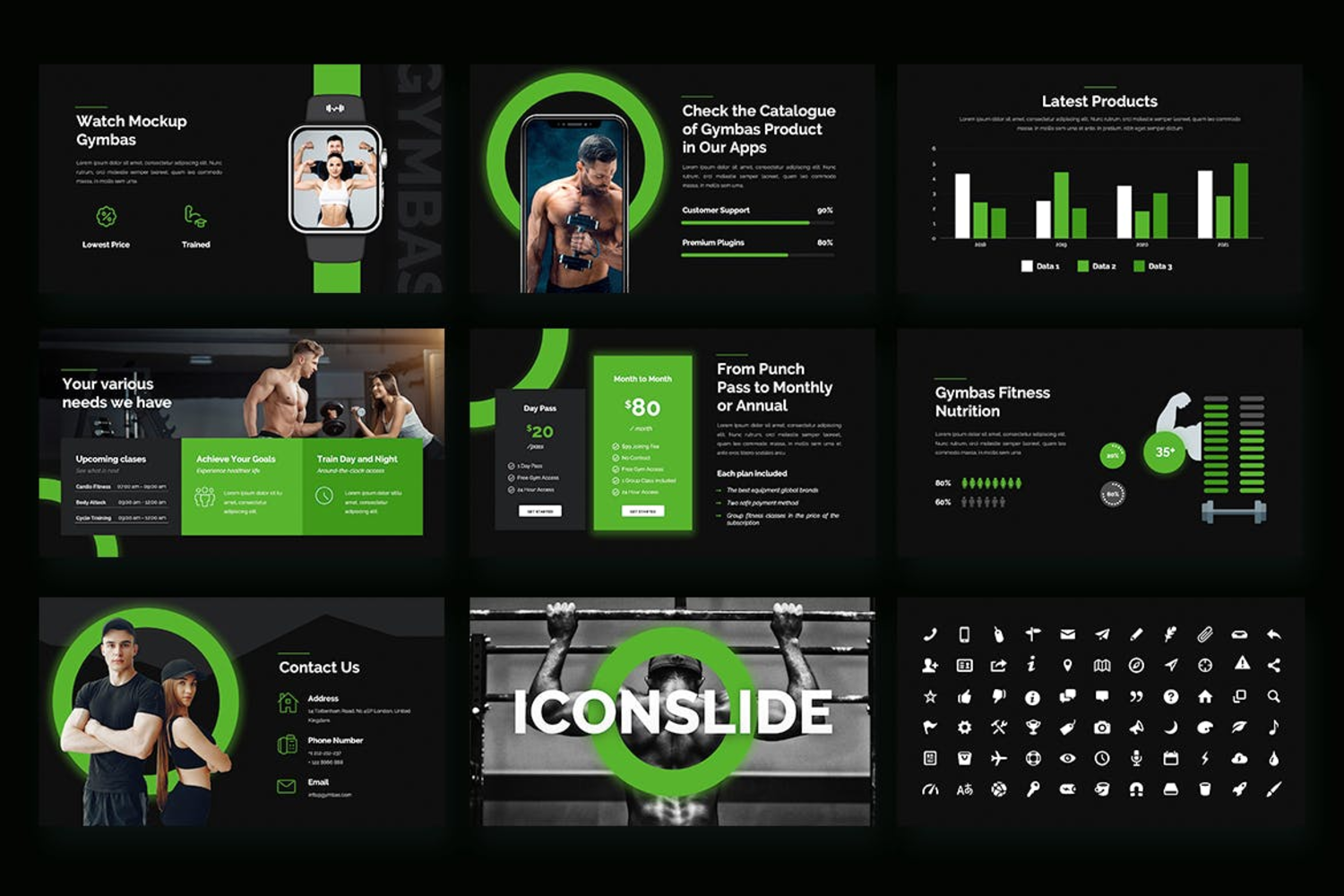 3080 黑色酷炫健身运动项目产品介绍PPT+Keynote模板  GYMBAS – GYM & Fitness Keynote Template