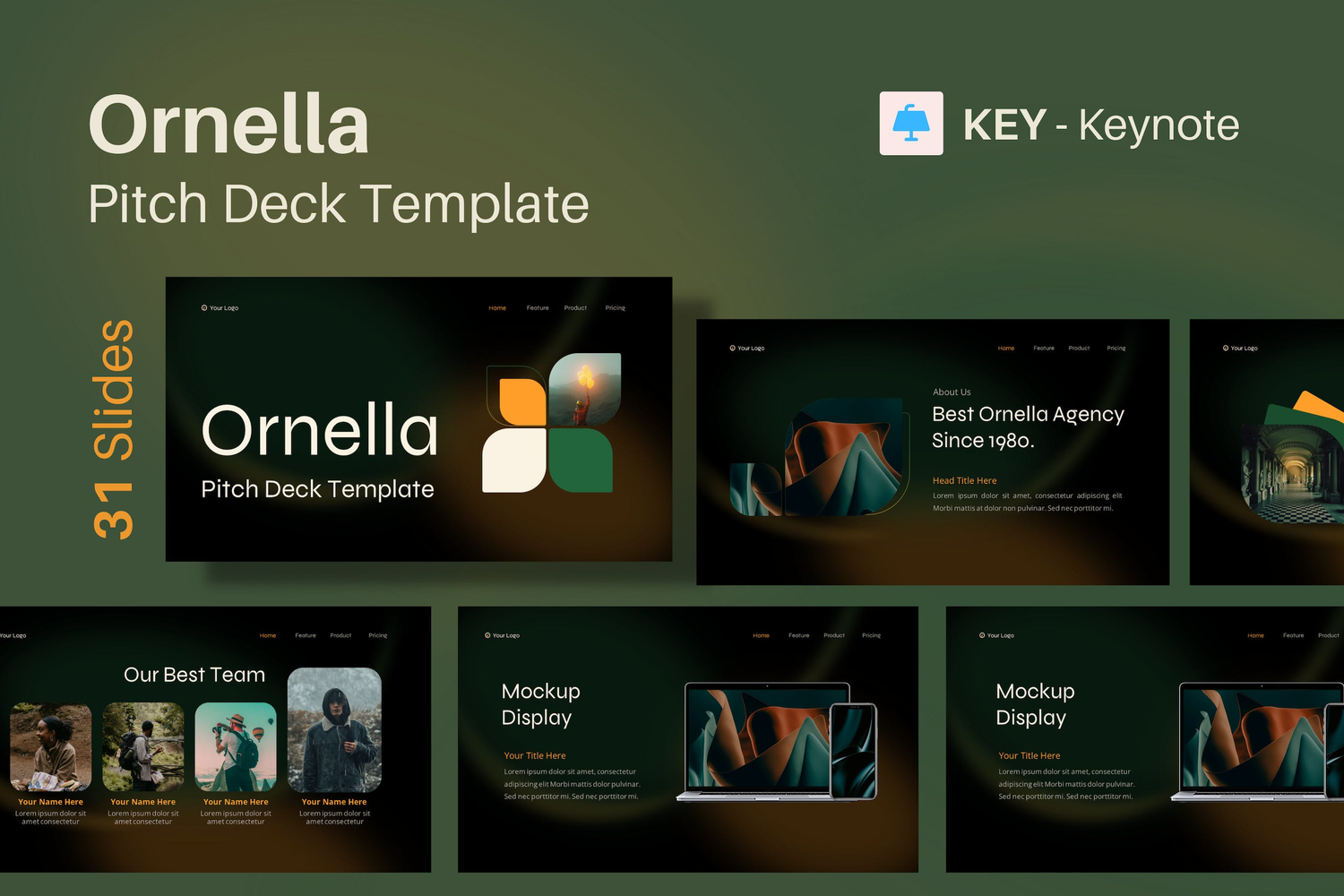 3097 现代创意暗色系电影摄影个人作品集Keynote模板 Ornella Keynote Pitch Deck Presentation Template