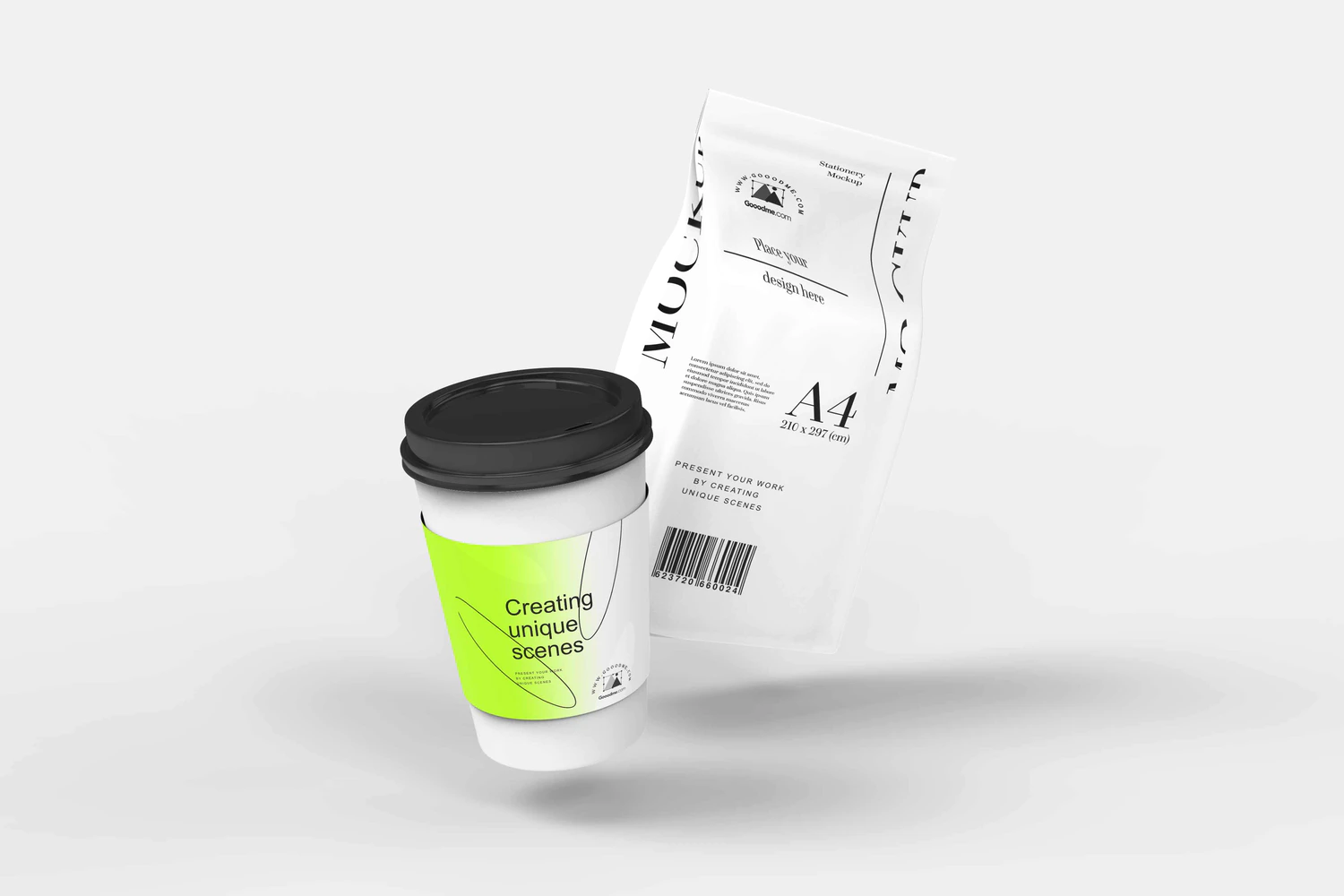 3106 6款咖啡品牌设计一次性纸杯PSD样机素材 Take Away Coffee Cup With Coffee Pack Mockup