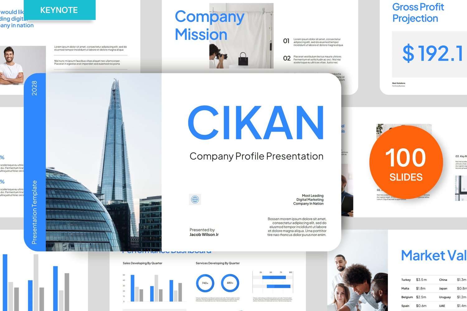 3155 极简蓝白商务公司简介年中总结统计数据演示Keynote模板 Minimalist Blue White Business Company Profile